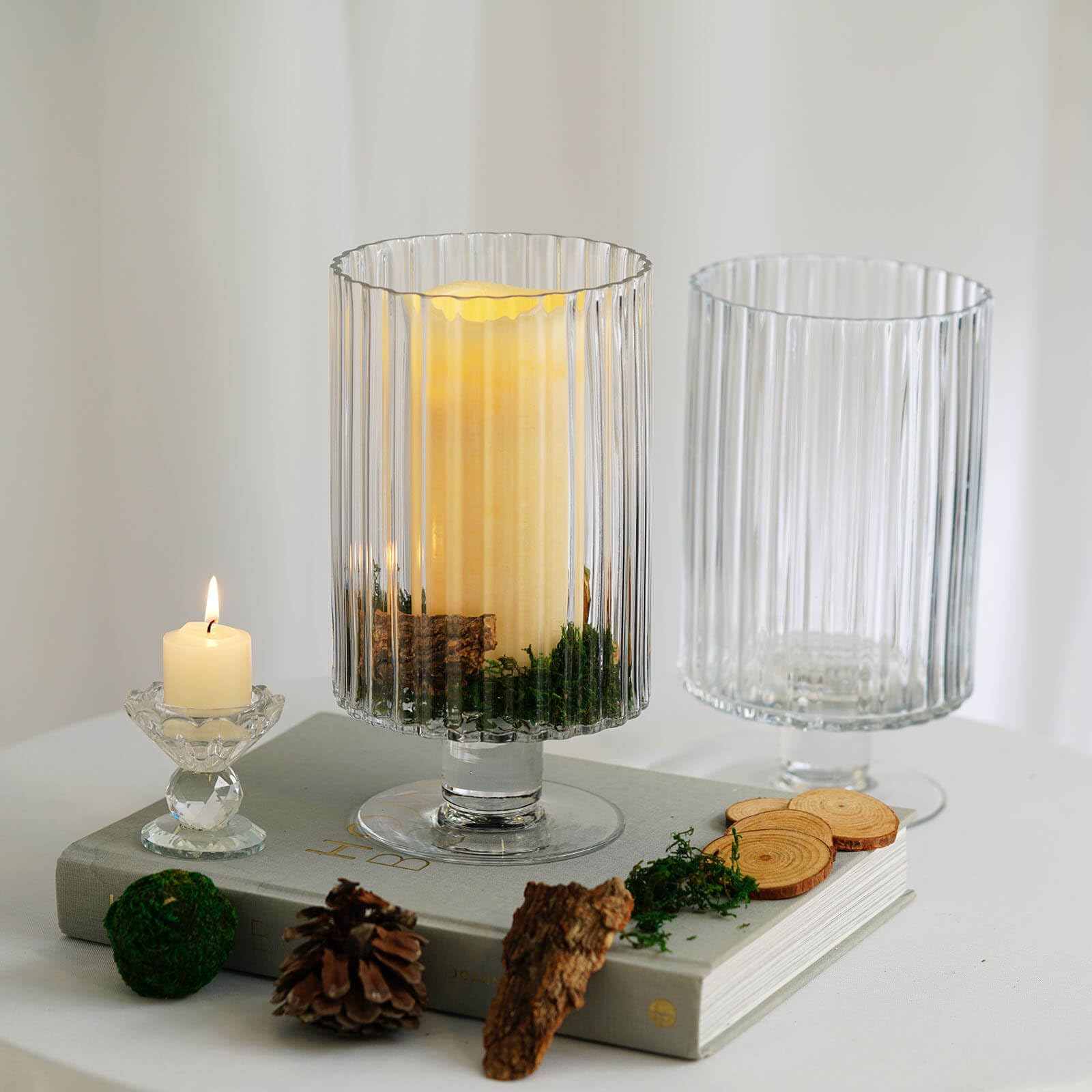 Efavormart 2 Pack 9 Inch Ribbed Glass Vases - Heavy Duty Clear Pedestal Candle Holders with Ridges for Wedding Centerpieces, Home Decor, and Party Decorations