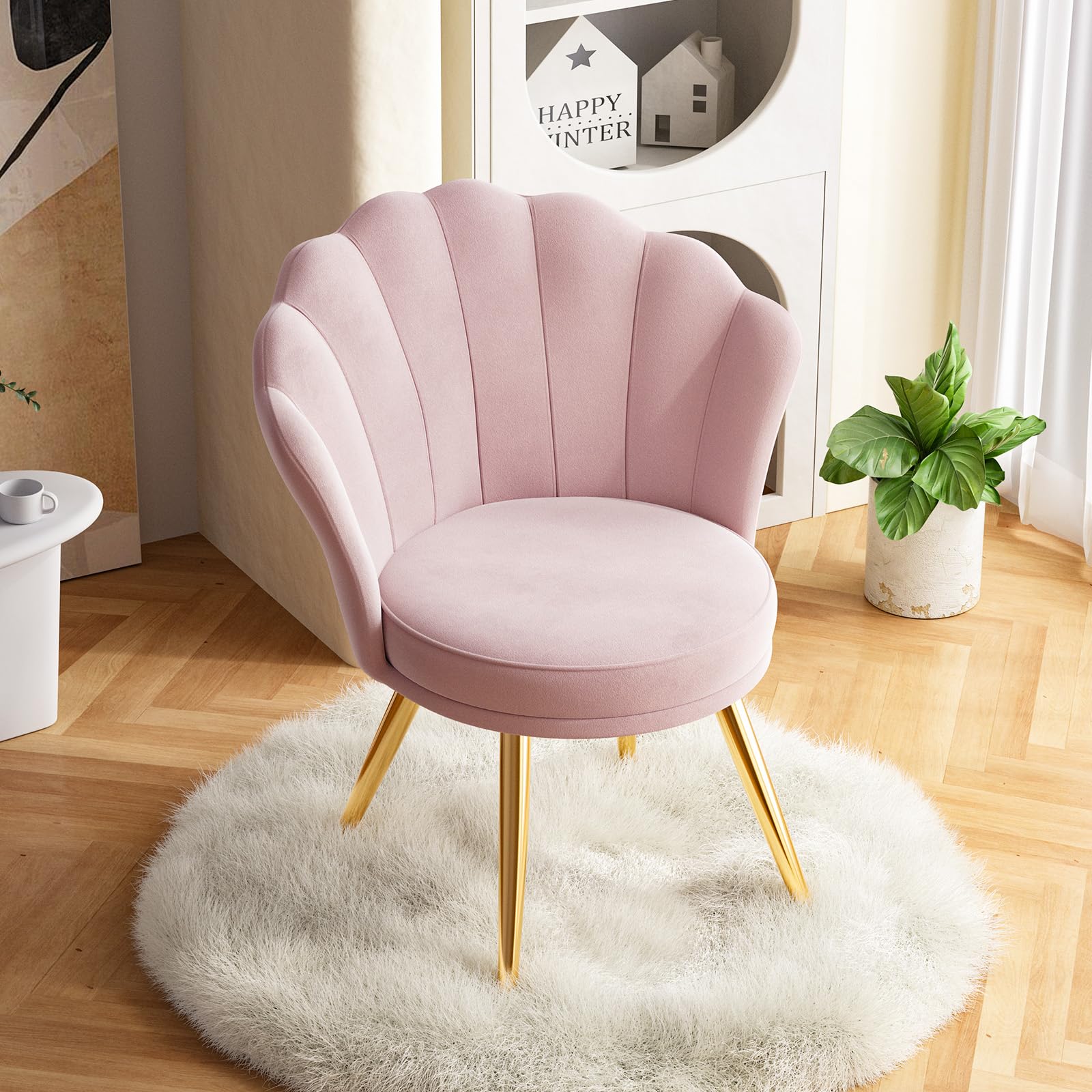 Luxury Velvet Accent Chair with Gold Metal Legs - Modern Makeup Vanity Chair, Upholstered Living Room Guest Chair & Bedroom Side Chair in Light Pink - Perfect for Dressing Room, Lounge & Home Decor