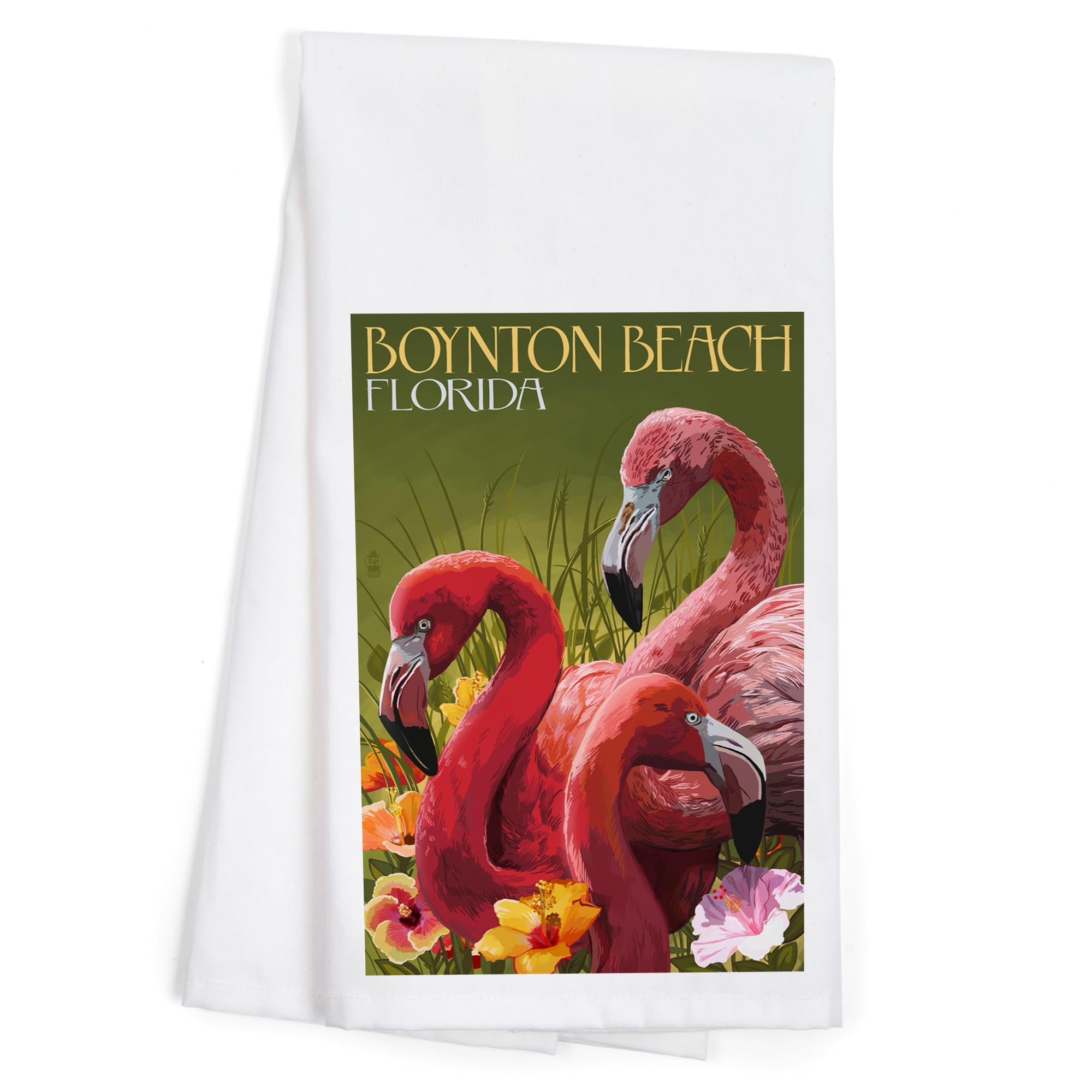 Lantern Press Boynton Beach Florida Flamingos 100% Cotton Tea Towel - Decorative Hand Towel for Kitchen & Home - Perfect for Dish Drying, Gift Giving & Coastal Decor