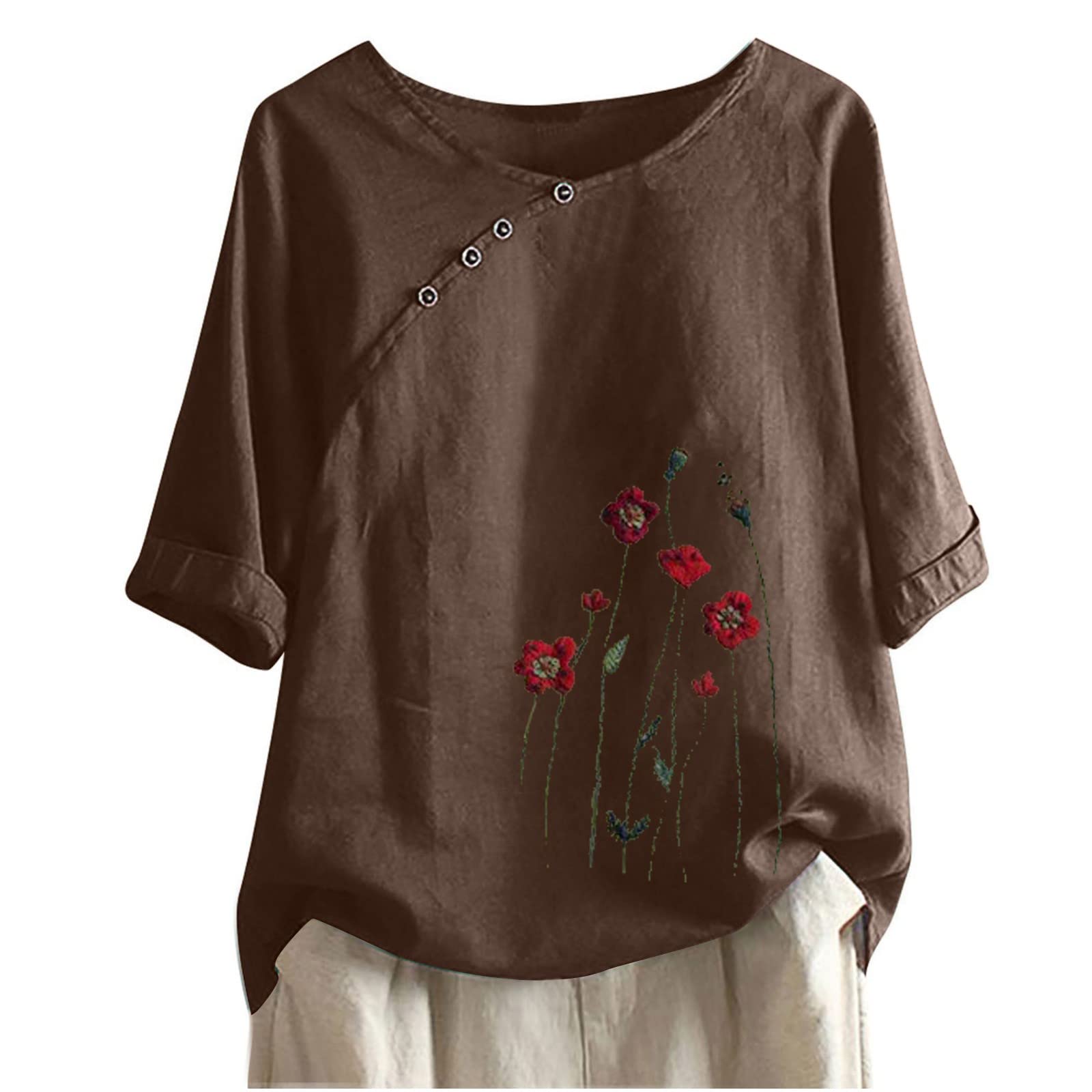 Women's Summer Floral Printed V-Neck Half Sleeve Linen Top with Side Buttons - Casual T-Shirt & Blouse for Beach, Office & Everyday Wear