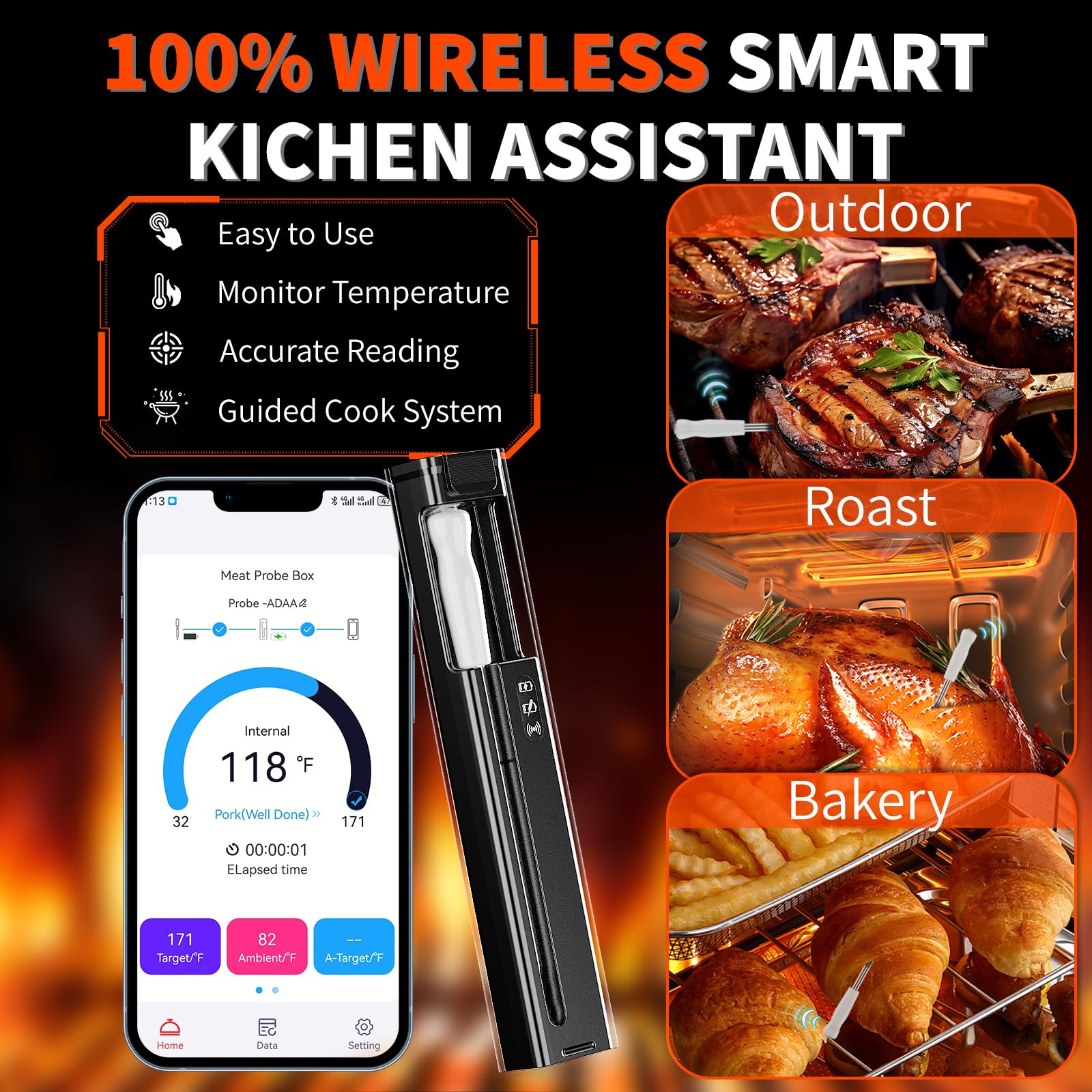 Digital Wireless Bluetooth Meat Thermometer with Smart Probe - BBQ, Oven, Grill & Smoker Cooking Thermometer for Steak, Pork, Turkey - iOS & Android App Compatible | Perfect for Outdoor Grilling, Home Cooking & Professional Chefs