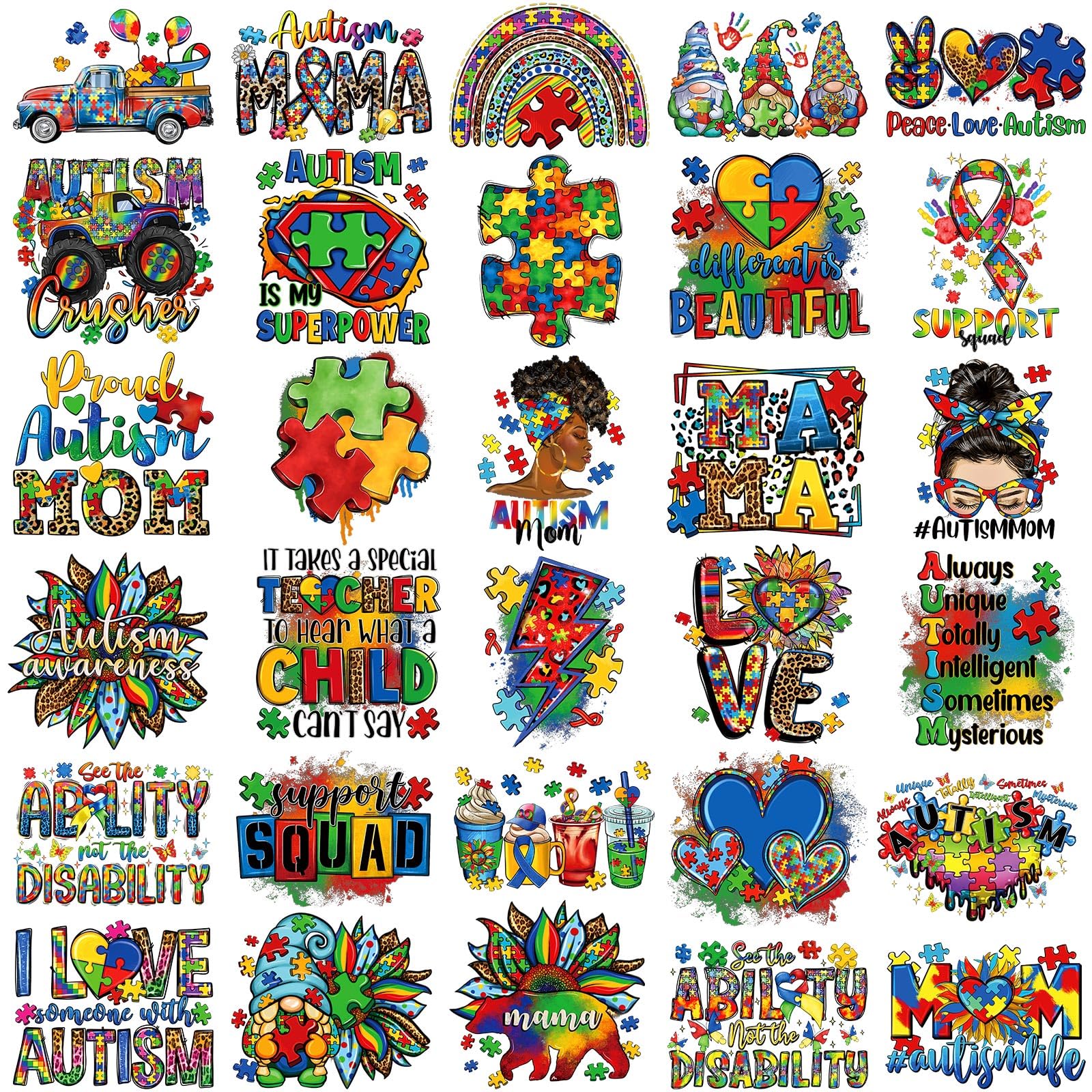 30 Pcs Autism Awareness Iron-On Transfers - Puzzle Rainbow Vinyl Patches for Clothes, DIY Heat Stickers for T-Shirts, Bags & Hats - Autism Support & Awareness Decals for Kids & Adults