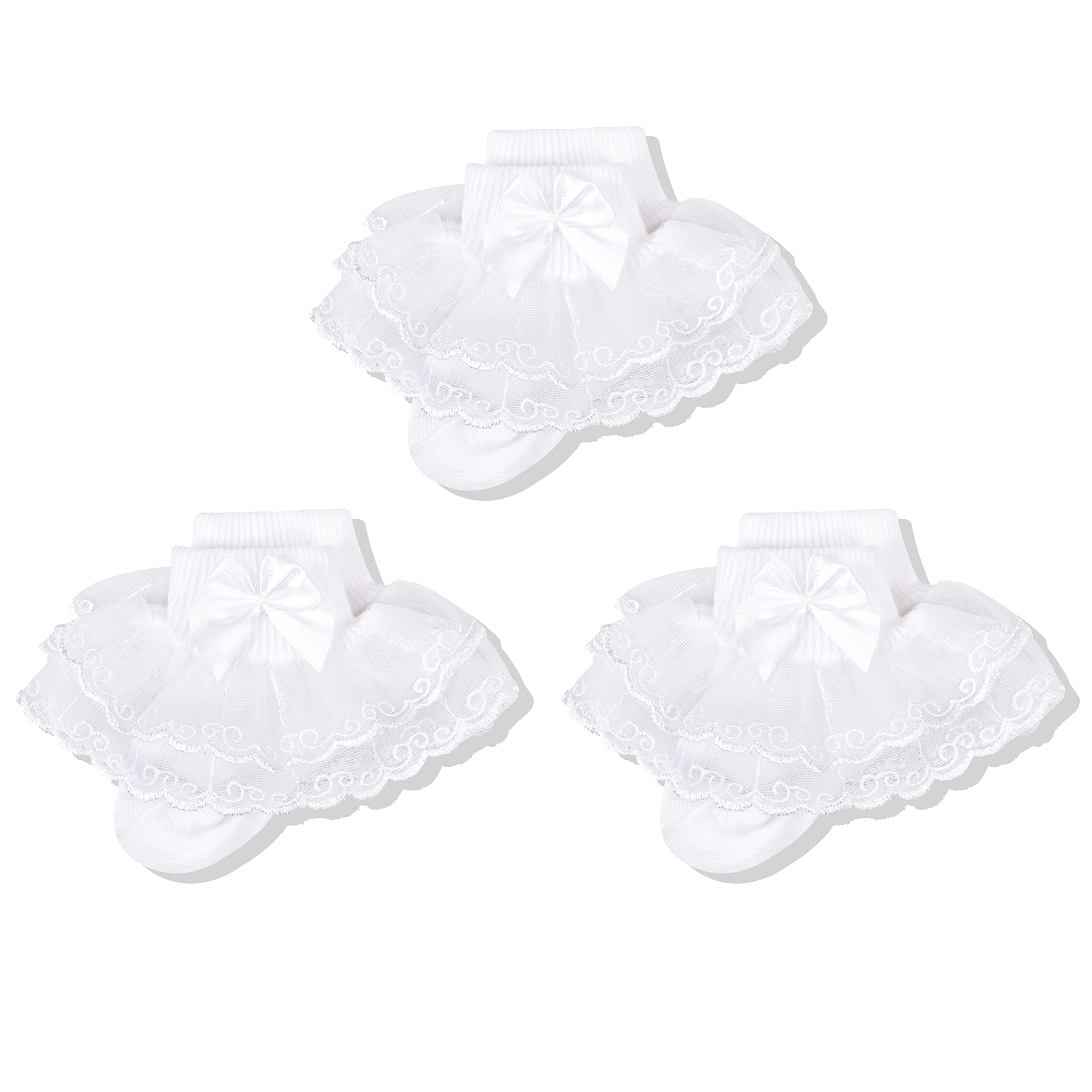 Cozyway Baby Girls Lace Frilly Ruffle Socks - Newborn Infant Eyelet Trim Ankle Dress Socks with Bow (3 & 6 Pairs) - Perfect for Special Occasions, Photo Shoots & Everyday Wear