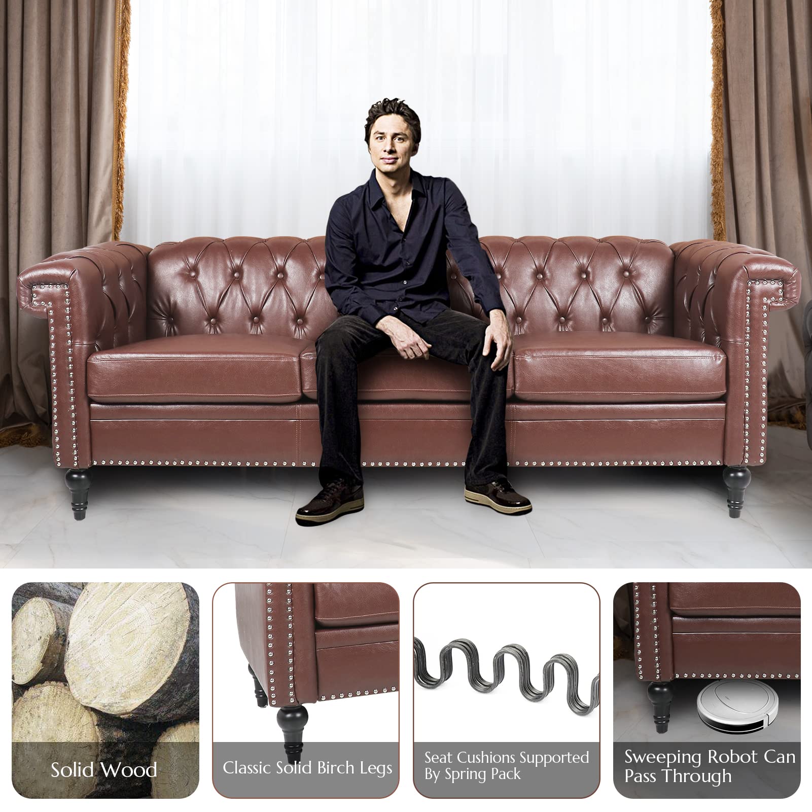 Brown Chesterfield Sofa - 3-Seater Faux Leather Couch with Deep Seat & Tufted Upholstery, Classic Living Room Sofa for Bedroom or Office, Easy to Assemble - Perfect for Relaxing, Entertaining & Small Space Decor