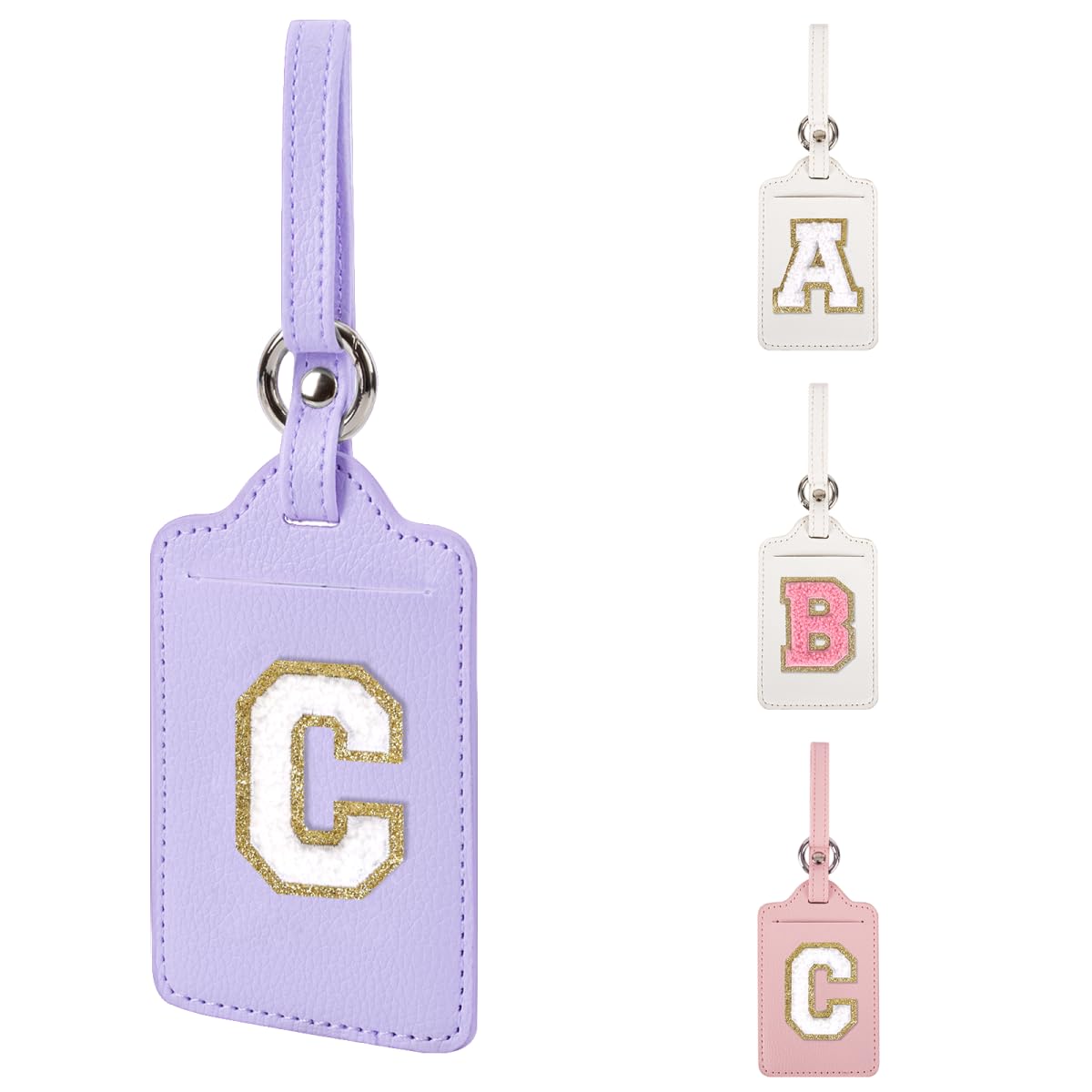 Personalized Leather Chenille Letter Luggage Tags for Suitcases - Embroidered Travel Bag & Backpack Tags with Privacy Name Card - Cute Gifts for Women, Kids, Girls & Teens (Purple-C) | Perfect for Air Travel, Vacation & School Backpacks