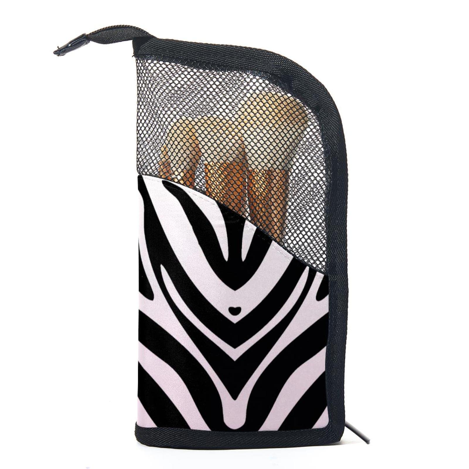 Portable Pink Zebra Stripes Makeup Brush Organizer Bag with 12 Brush Holder - Perfect for Travel, Home Vanity & Professional Makeup Artists