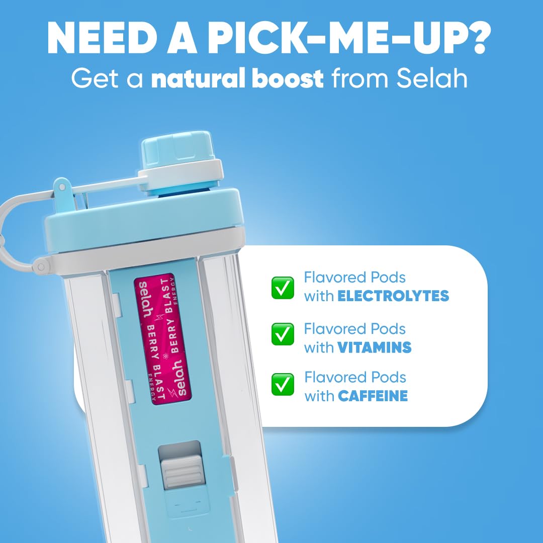 Selah Sugar-Free Vitamin Water Bottle - 20oz with Flavor Pods - for Energy & Sports Drinks (Blue, 4 Pods) - Hydrate On-The-Go
