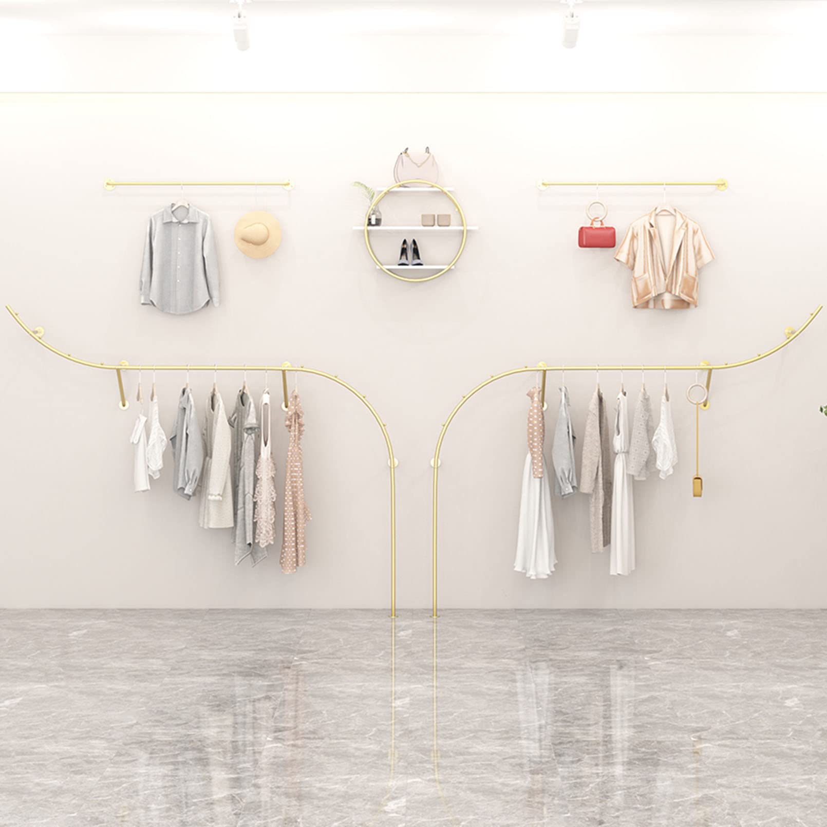 Gold Industrial Pipe Wall-Mounted Clothing Rack - Modern Boutique Display Shelf with 250cm Closet Rod for Home Cloakroom & Retail Store Organization | Perfect for Bedroom, Walk-In Closet, and Storefront Garment Display