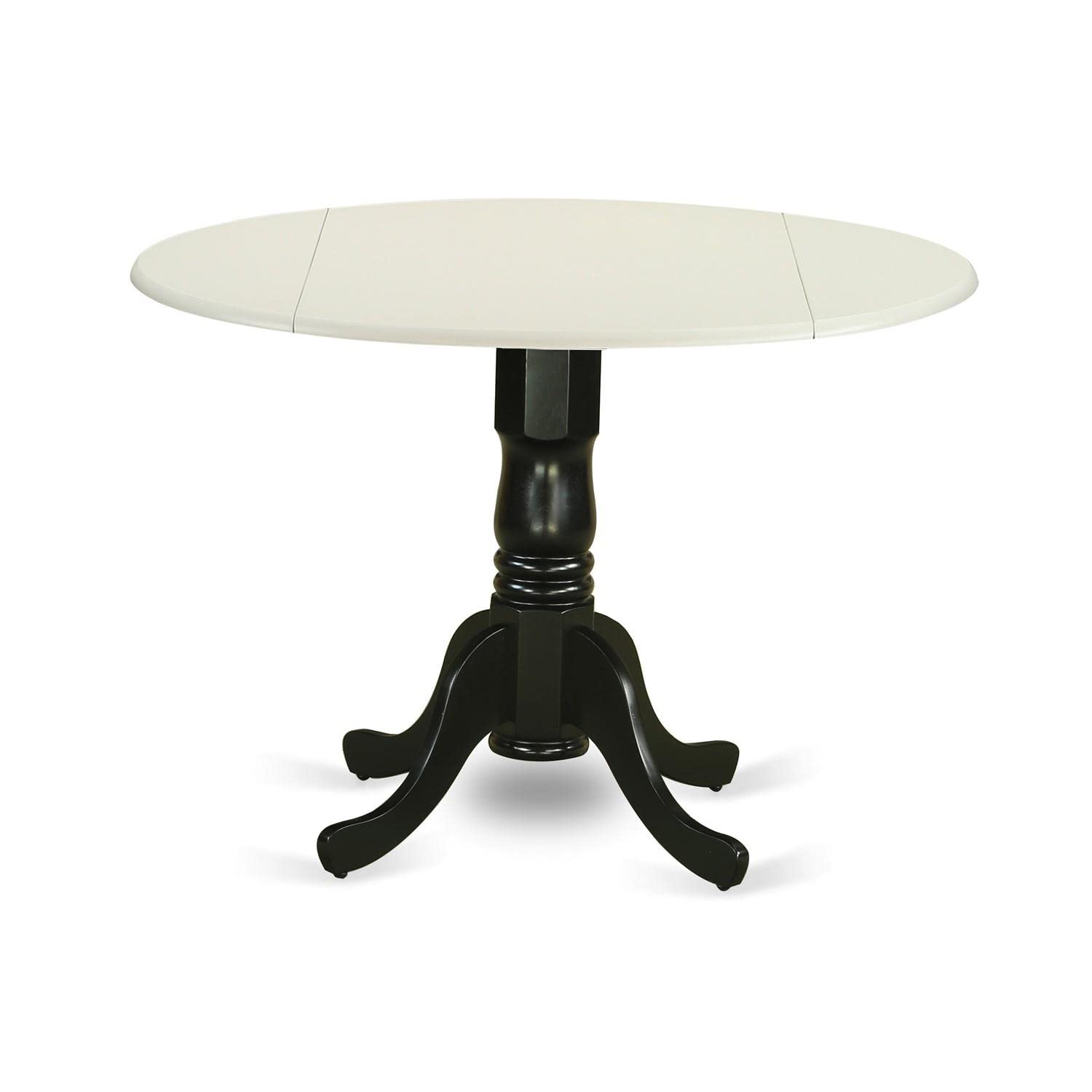 East West Furniture DLT-LBK-TP Dublin Round Kitchen Dining Table with Drop Leaf & Pedestal Base - 42 Inch Round Table Top in Linen White & Black - Perfect for Small Spaces, Breakfast Nooks & Cozy Dining Areas
