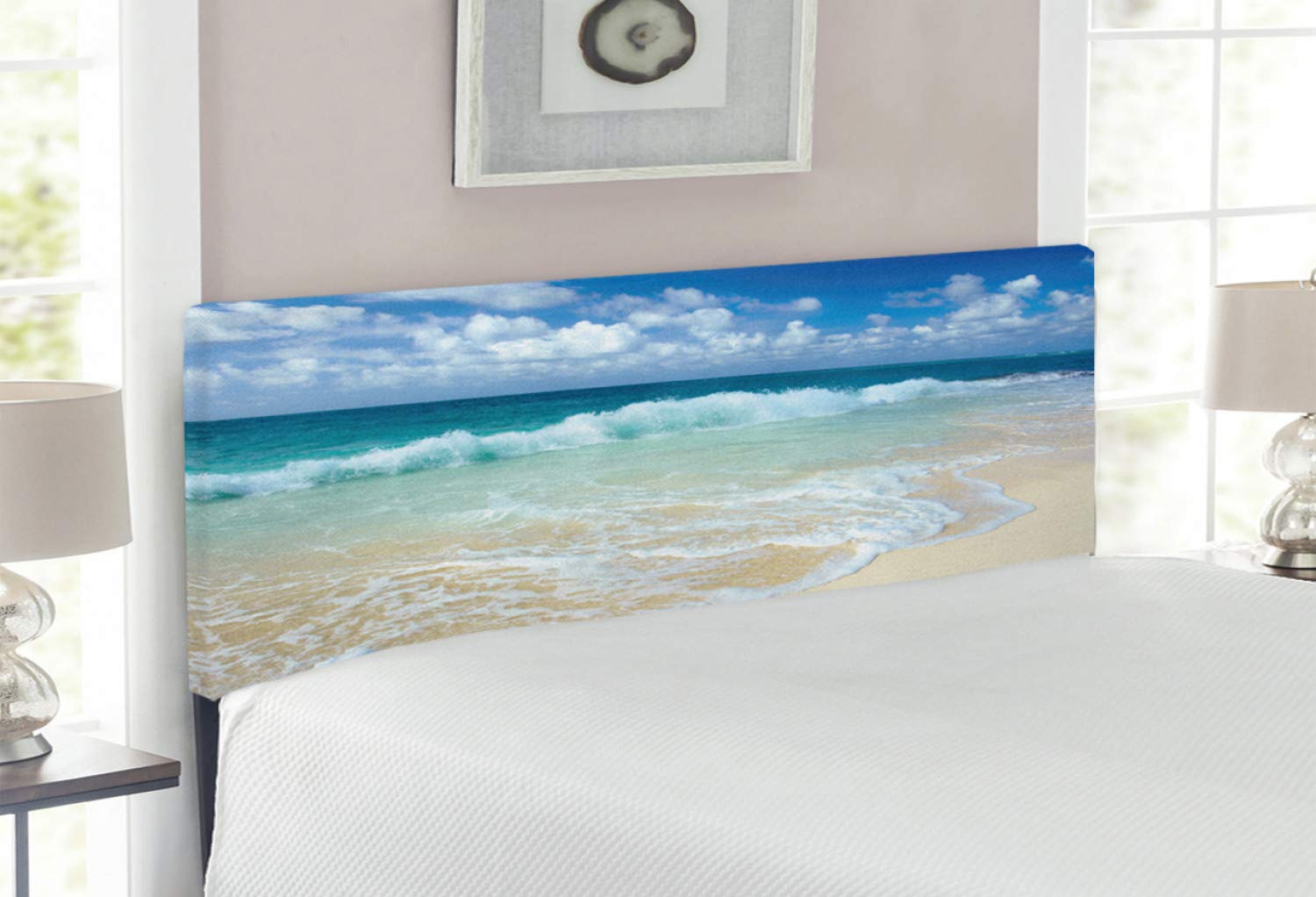Lunarable Wave Headboard - Coastal Beach Design with Foamy Waves, Upholstered Decorative Metal Bed Frame with Memory Foam, Full Size White & Brown - Perfect for Beach House, Coastal Bedroom or Vacation Home Decor