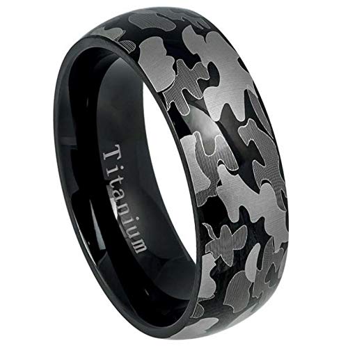 Personalized Laser Engraved Titanium Wedding Band Rings for Men & Women - 8mm Black IP Plated High Polished Military Camouflage Design (Perfect for Anniversaries, Engagements & Everyday Wear)
