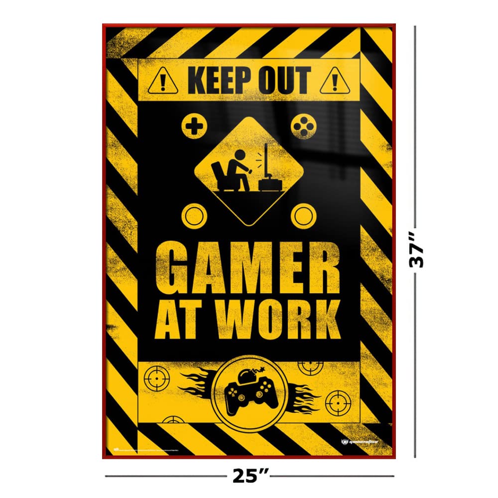 Keep Out: Gamer At Work - Premium Framed Gaming Poster 24x36 Inches - Perfect for Gaming Room, Man Cave & Office Decor