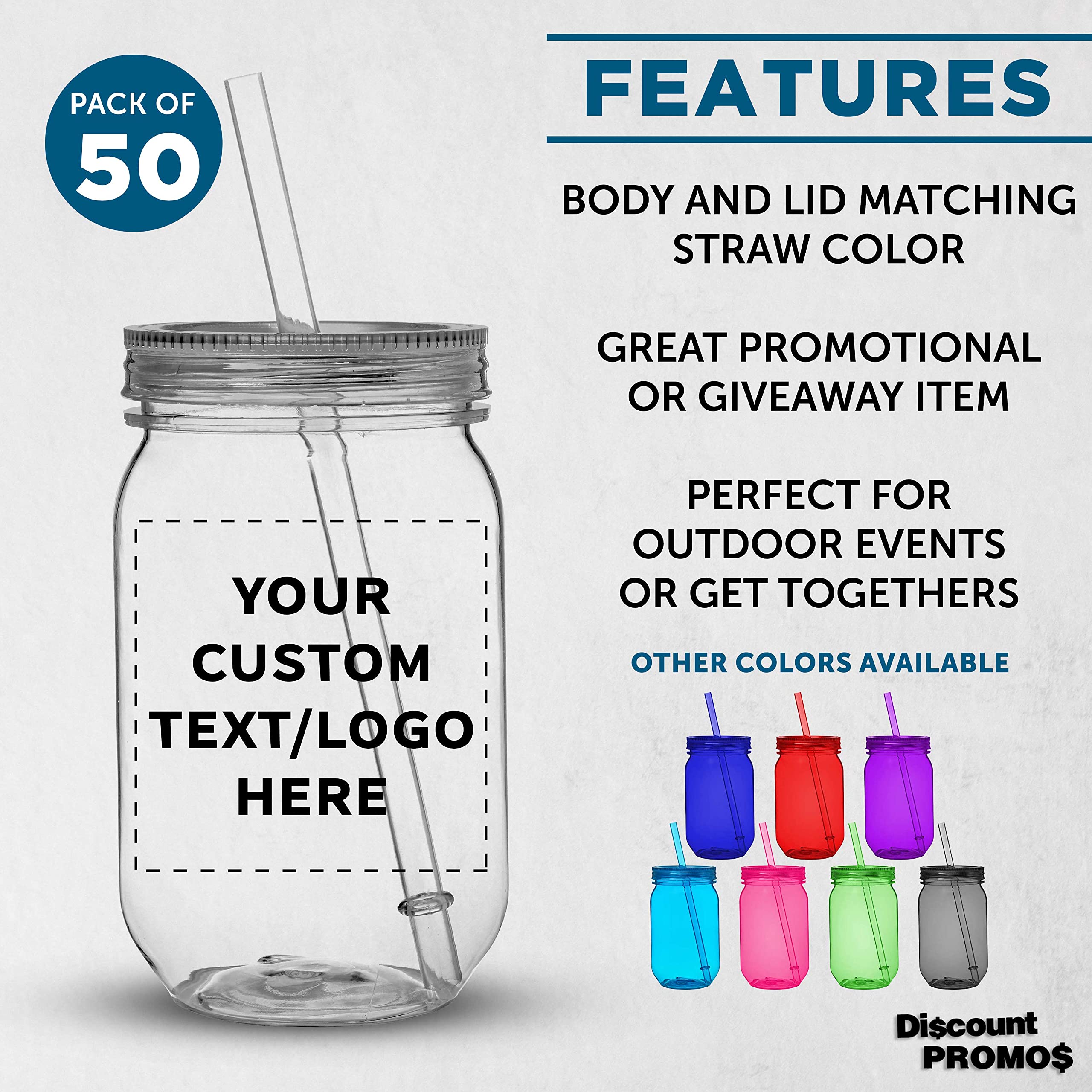 Custom 24 oz Plastic Mason Jars with Straw - Bulk Pack of 50 - Personalized Clear Drinking Jars for Smoothies, Iced Coffee & Beverages - Perfect for Parties, Cafes & Meal Prep Storage