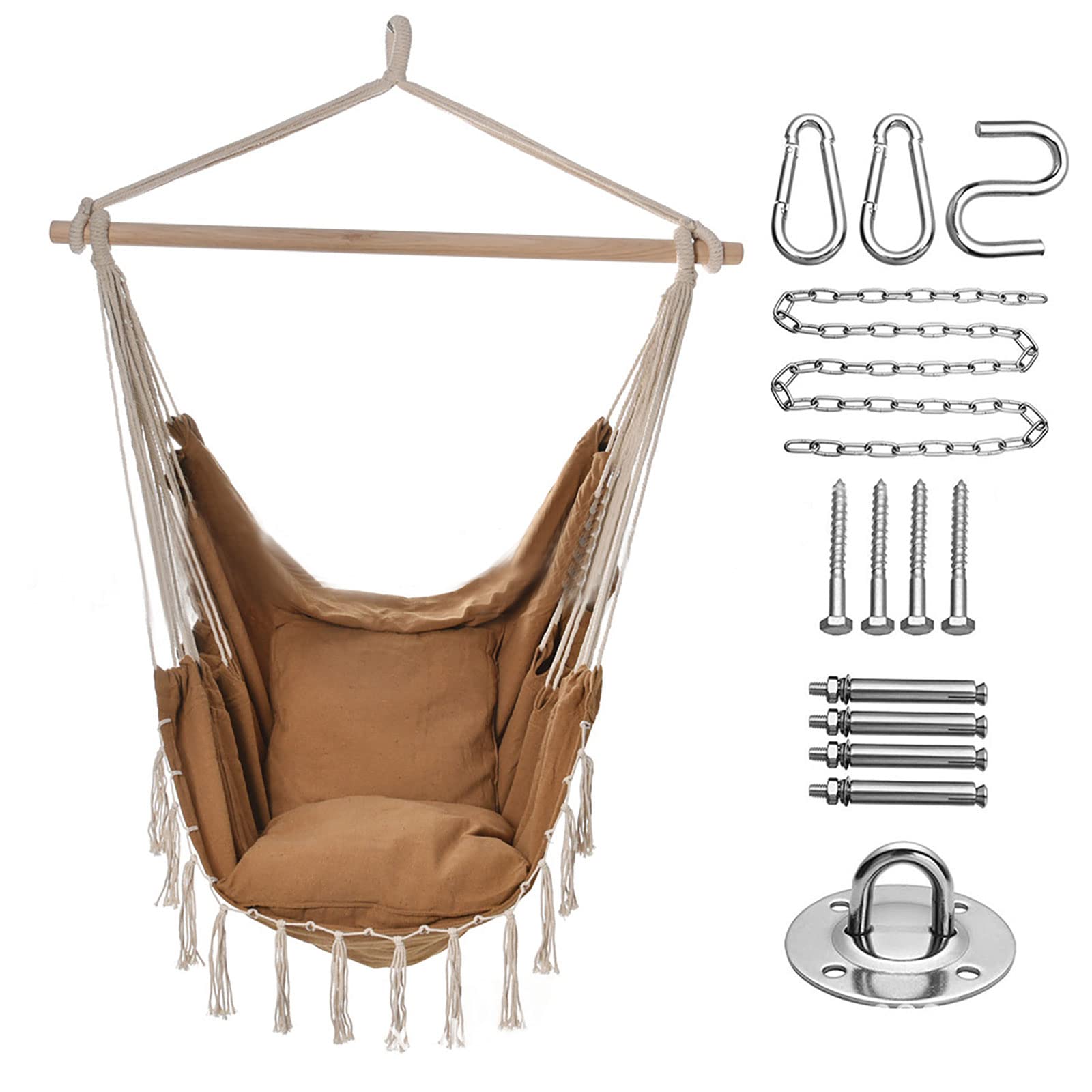 Comfortable Hammock Chair Swing with 2 Cushions & Storage Bag - Indoor/Outdoor Hanging Rope Chair for Patio, Garden, Balcony or Bedroom (Coffee Brown) - Perfect for Relaxing, Reading & Lounging