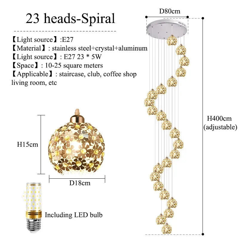 Modern Stainless Steel Petal Chandelier - Elegant Ceiling Light Fixture for Staircase, Living Room & Dining Room Decor | Energy Efficient LED Lighting for Home & Commercial Spaces