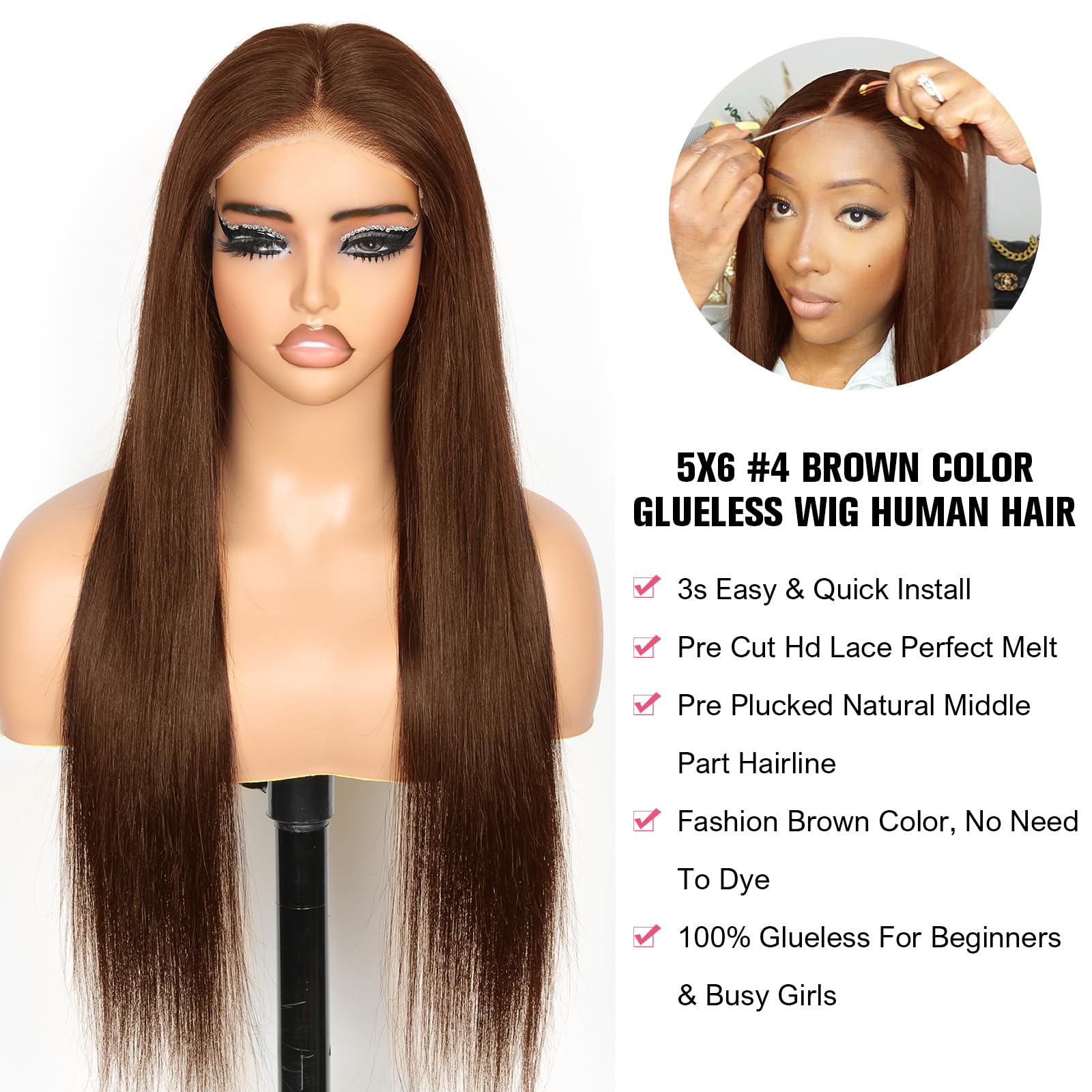 Glueless 5x6 Lace Front Wig Human Hair - Chocolate Brown Straight Brazilian Hair Wig for Black Women, 32 Inches, No Glue Needed, Pre-Cut Lace | Perfect for Daily Wear, Special Occasions & Protective Styling