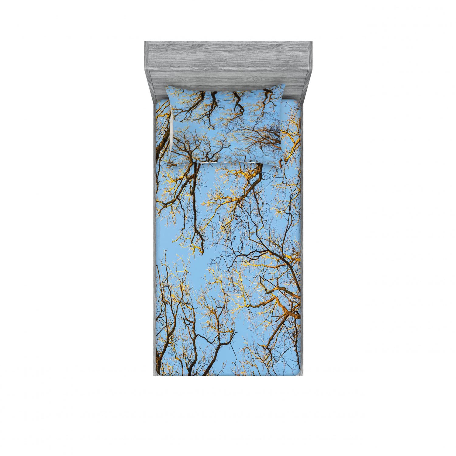 Ambesonne Nature 2-Pack Twin Fitted Sheet & Pillow Sham Set - Vibrant Sky with Trees Design, 4-Piece Blue & Brown Bedding Collection | Perfect for Kids Rooms, Guest Beds & Dorm Decor
