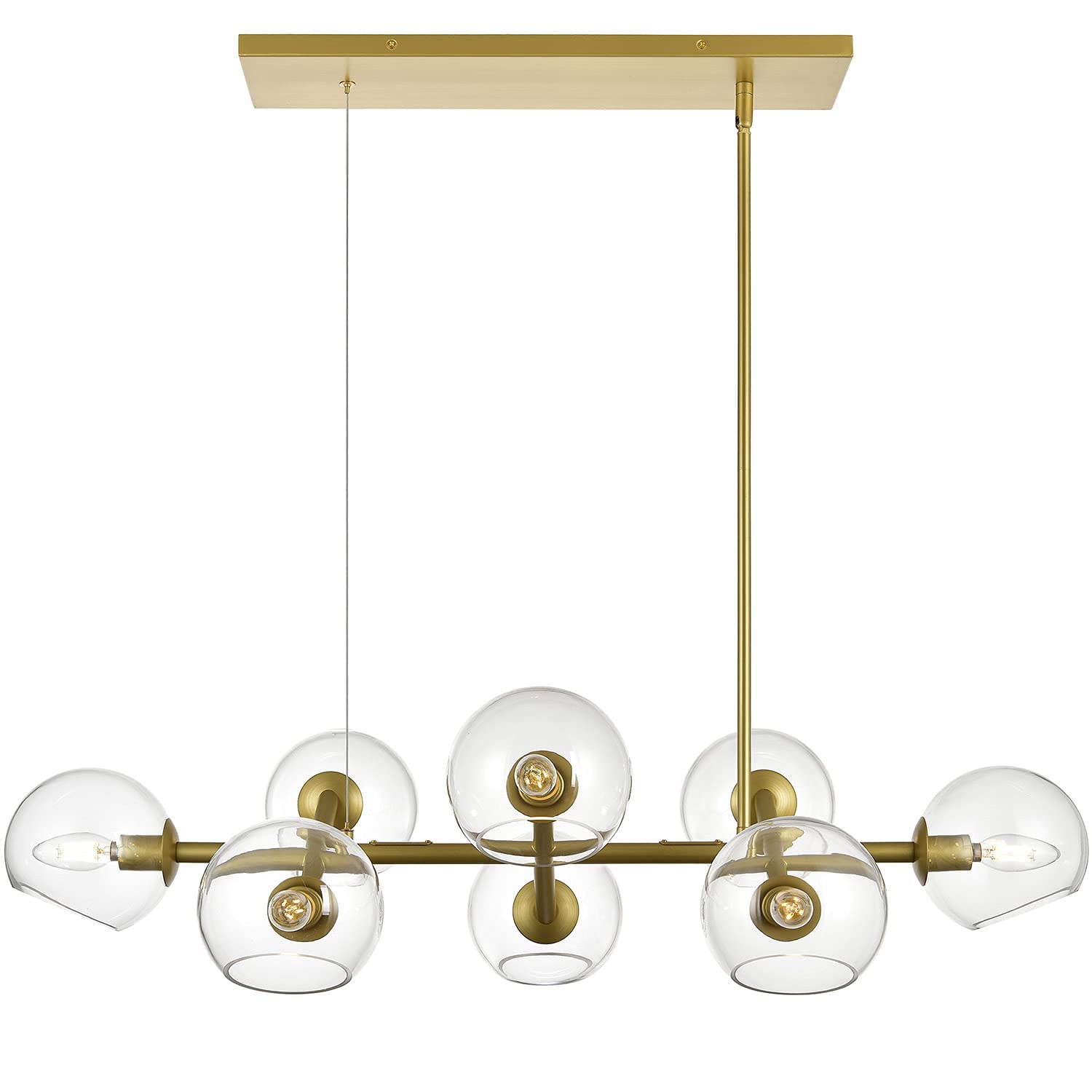 8-Light Gold Modern Rectangular Chandelier - Farmhouse Dining Room Light Fixture with Clear Glass Globes - UL Listed - Perfect for Kitchen Islands, Dining Tables & Open Concept Living Spaces