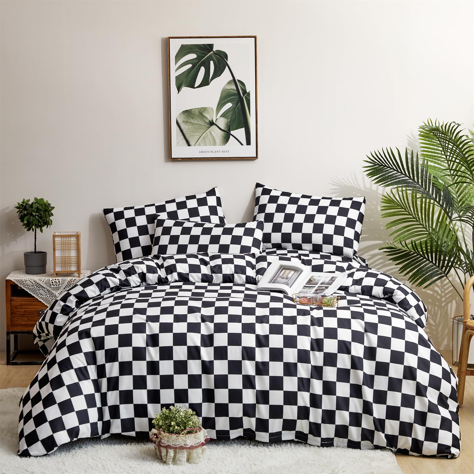 Houseri Plaid Comforter Set - Full Size Buffalo Check Bedding for Teen Boys, Black & White Checkered Comforter & Blanket Quilt - Perfect for Dorm Room, Bedroom & Cozy Winter Nights