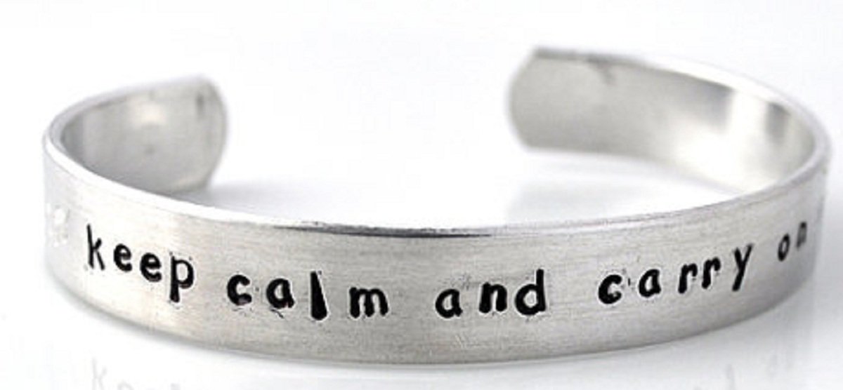 Custom Personalized Metal Cuff Bracelet 1/2 Inch - Hand Stamped Aluminum Bangle with 'Keep Calm and Carry On' Engraving - Perfect for Gifts, Weddings & Everyday Wear