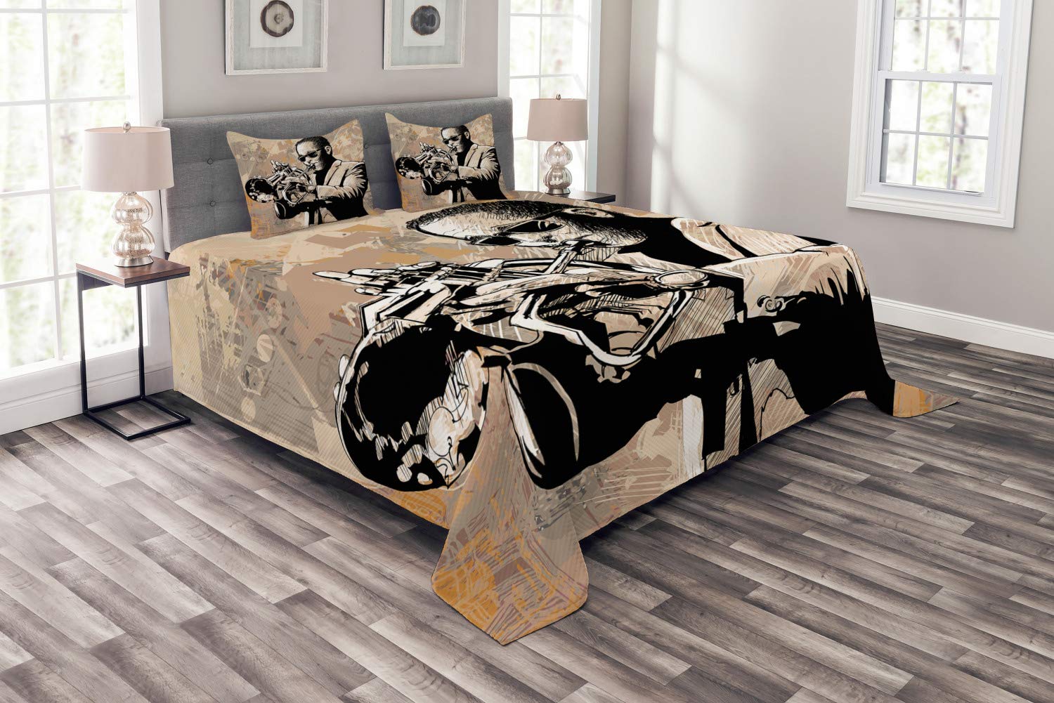 Ambesonne Jazz Music Bedspread Set - Grunge Style Musician Playing Trumpet with Sunglasses - 3 Piece King Size Bedding Set with Coverlet & 2 Pillow Shams in Beige & Black | Perfect for Jazz Lovers' Bedroom Decor & Music Themed Home Styling