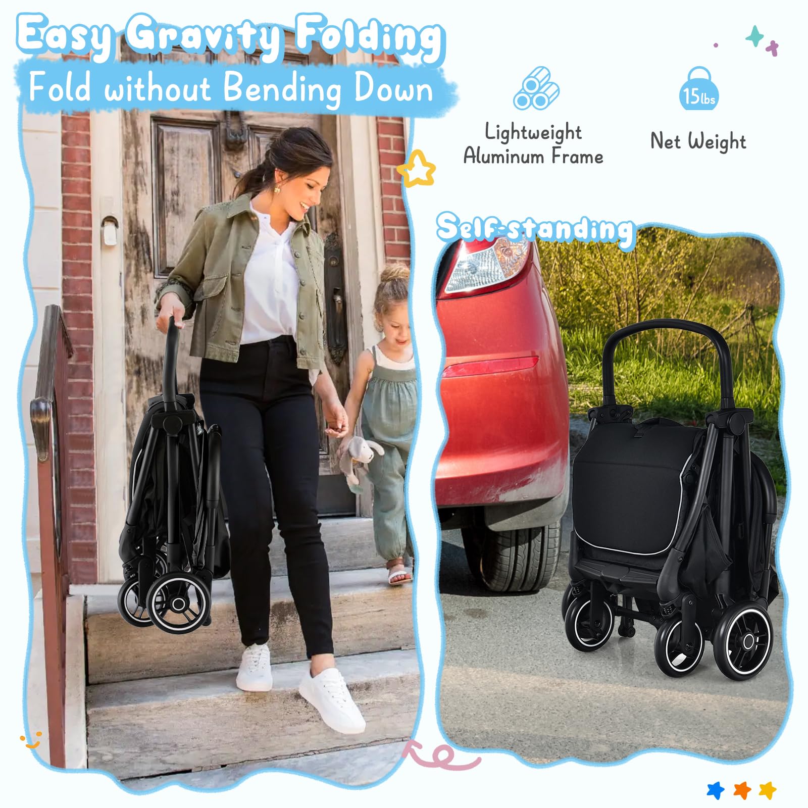 **HONEY JOY Lightweight Baby Stroller - Compact Travel Stroller for Airplane, Fits Cabin & Overhead Bins | One-Hand Gravity Fold, Self-Standing Toddler Stroller with Adjustable Backrest & Canopy (Black) | Perfect for Air Travel, Shopping, and Daily Walks**