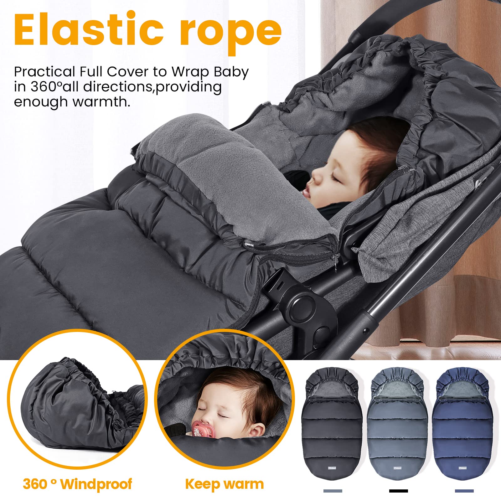 Orzbow Universal Stroller Footmuff - Winter Warm Baby Bunting Bag with Waterproof Windproof Coral Fleece Lining for Toddler Stroller Sleeping Bag (Black) | Perfect for Cold Weather Outings & Stroller Naps