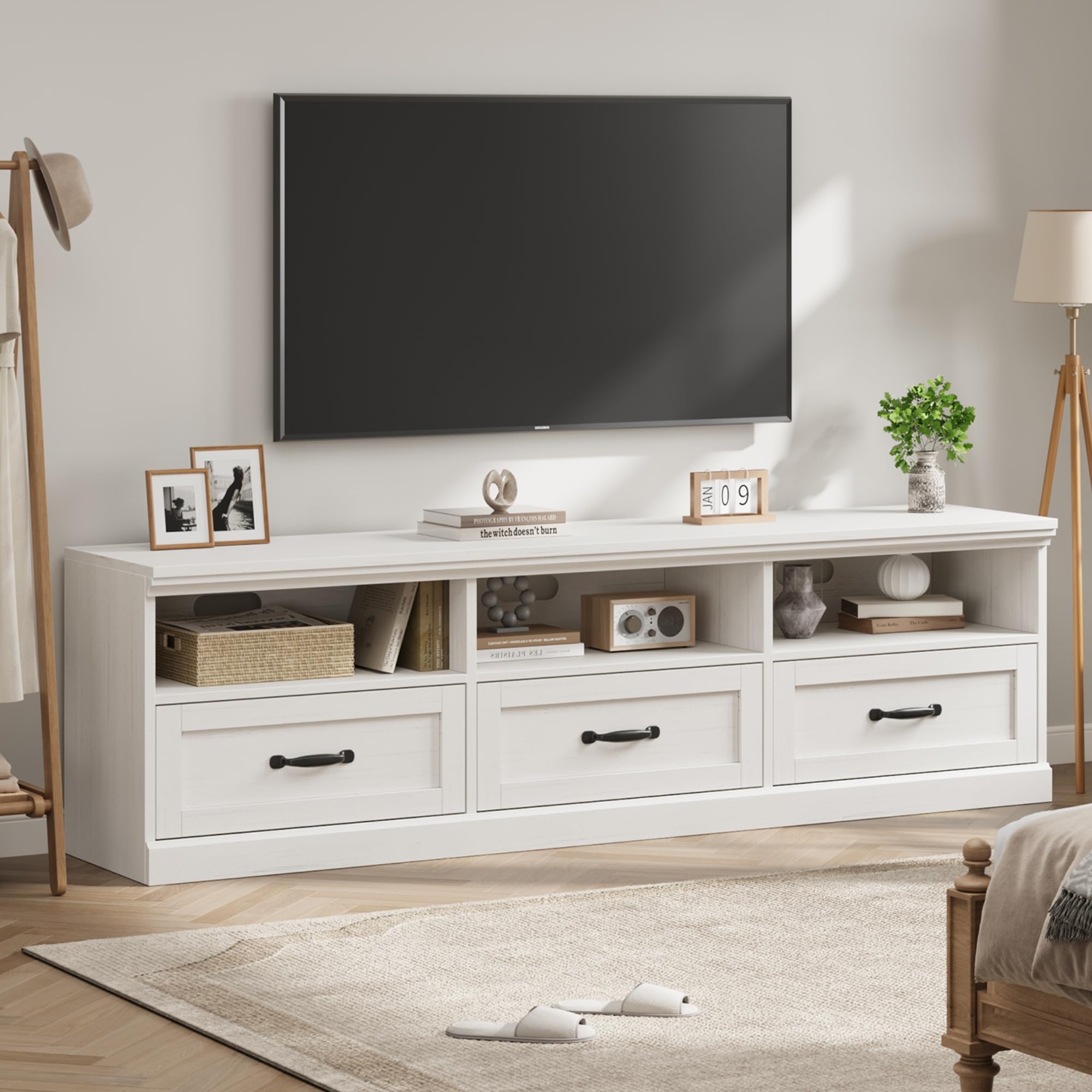 Mid-Century Modern TV Stand for 75 Inch TV - Wood Entertainment Center with Storage Drawer & Open Shelves - 70