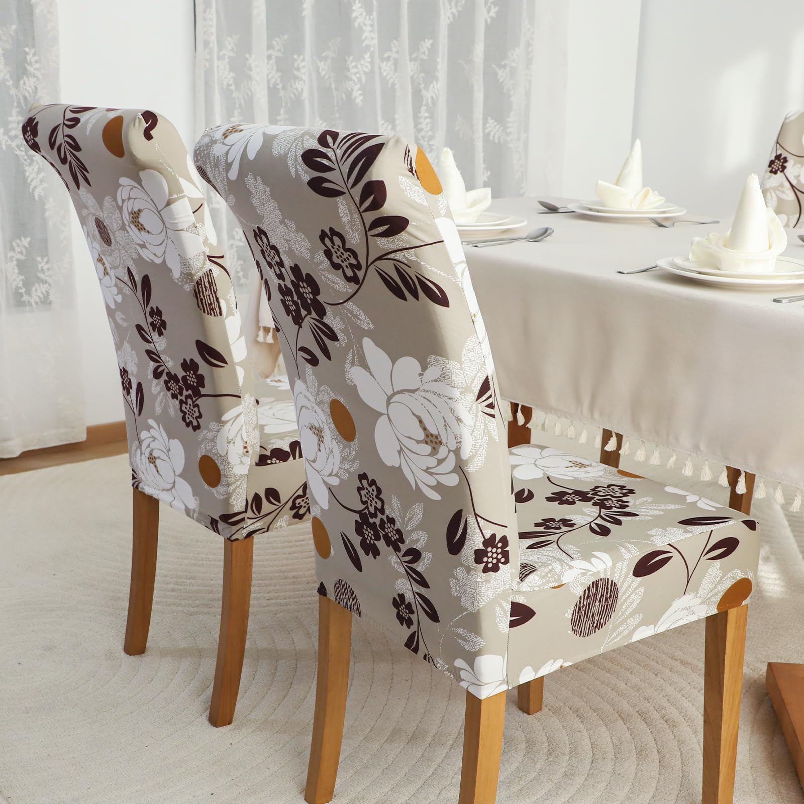 FORCHEER Stretch Dining Chair Covers Set of 4 - Beige Floral Pattern Washable Slipcovers for Kitchen, Parsons & Dining Room Chairs | Perfect for Home Decor, Parties & Daily Use (Pack of 4)