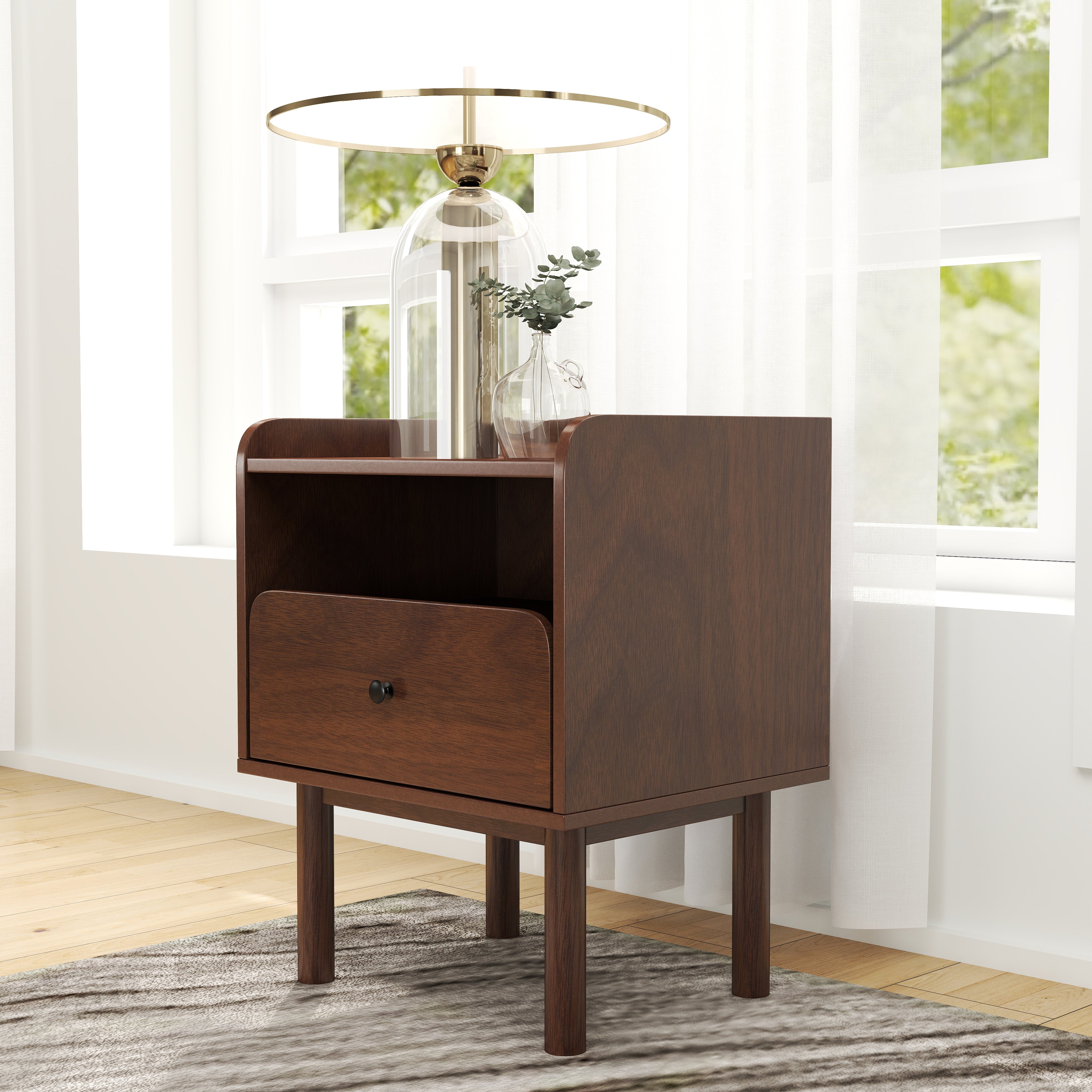 Roundhill Furniture Wyller Dual Tier Storage Nightstand - Modern Side Table with Natural Walnut Finish for Bedroom, Living Room & Office Organization