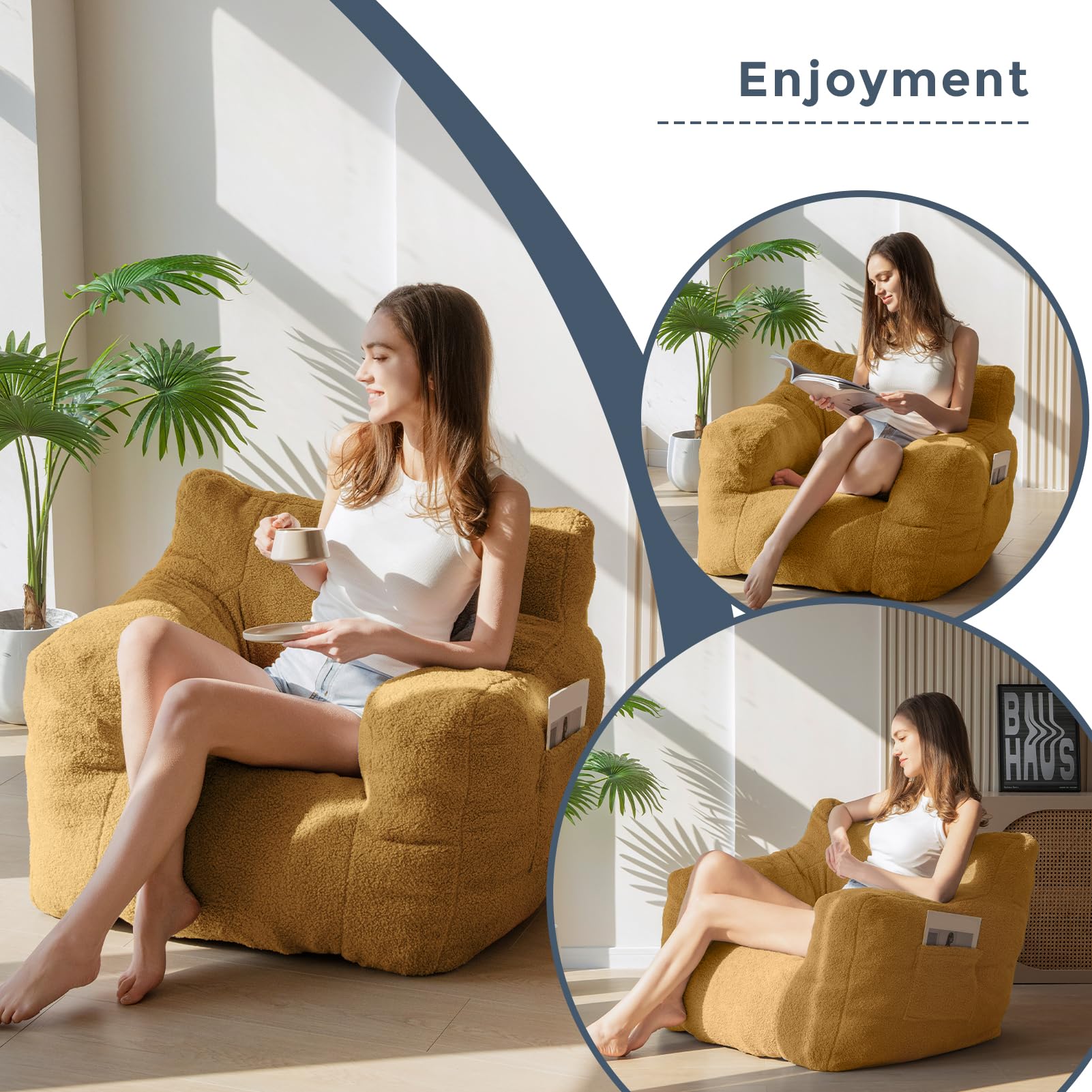 MAXYOYO Sherpa Bean Bag Chair - Soft Boucle Tufted Bean Bag Couch for Living Room, Bedroom & Game Room - Comfortable Lazy Sofa for Adults & Kids - Cozy Yellow Lounge Chair for Relaxing, Reading & Gaming