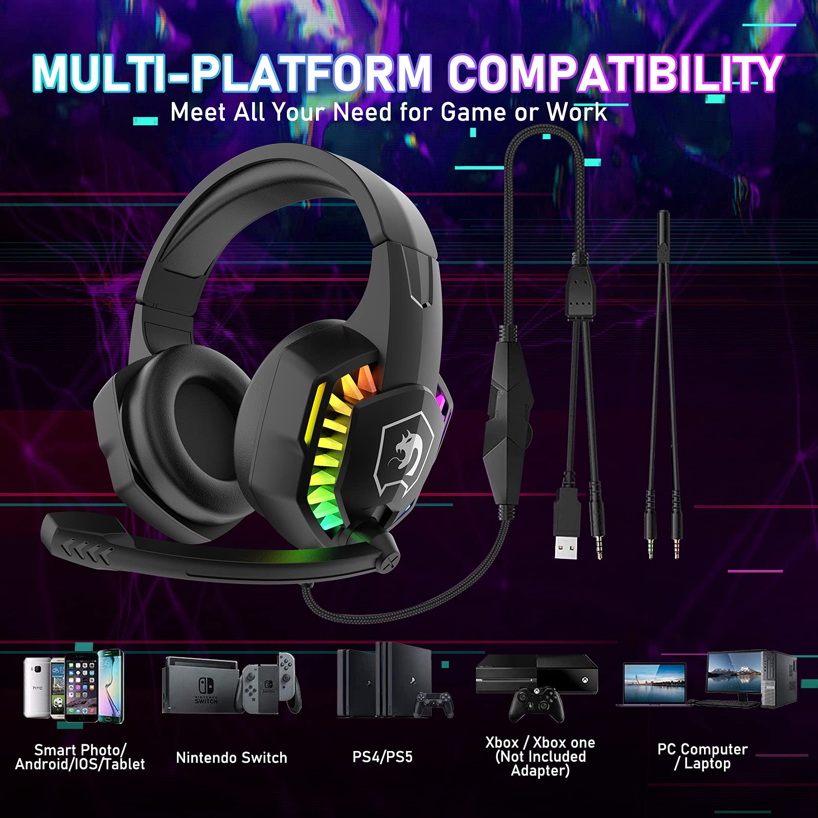 RGB Gaming Headset with Noise-Canceling Mic - Stereo Sound, Deep Bass & Memory Foam Earcups - Wired Over-Ear Headphones for PS5, Xbox Series X/S, Switch, PC, Mac - Perfect for FPS, Streaming & Music (Black)