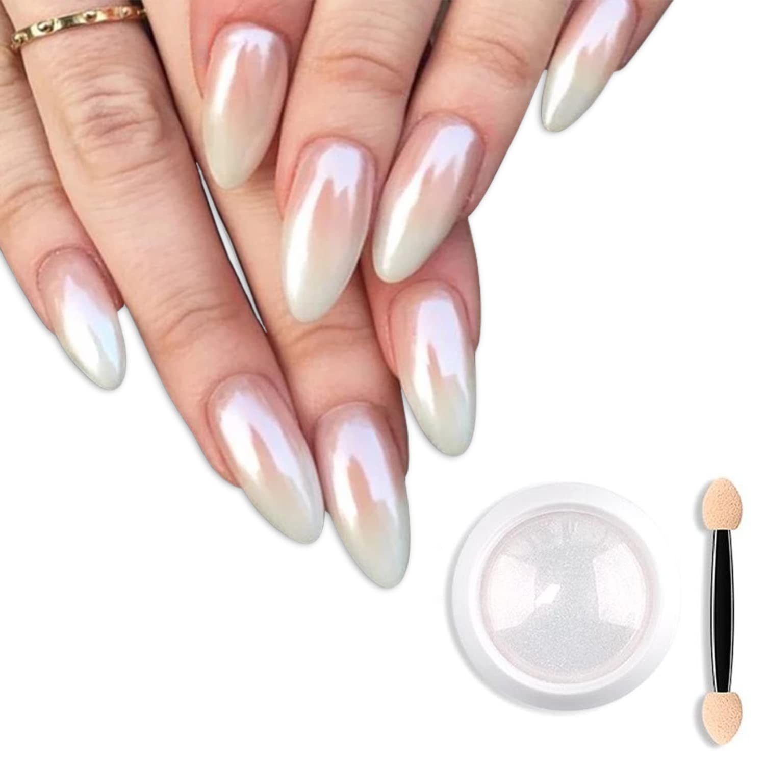 Magic White Pearl Chrome Nail Powder - Holographic Glitter Manicure Pigment for Shell Nails Art | DIY Aurora Moonlight Nail Design with Free Tools | Perfect for Salon, Home Manicure & Special Occasions