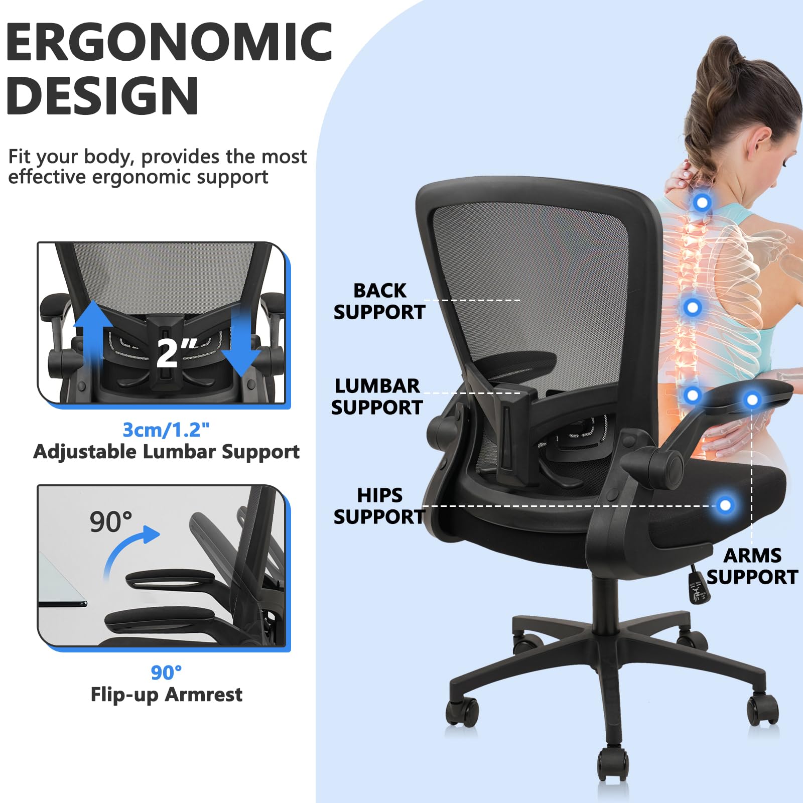 Ergonomic Mesh Office Chair with Wheels - Adjustable Height, Swivel & Lumbar Support - Flip-Up Armrests - Home & Office Desk Chair (Set of 2) - Perfect for Long Work Hours, Gaming & Remote Workspaces