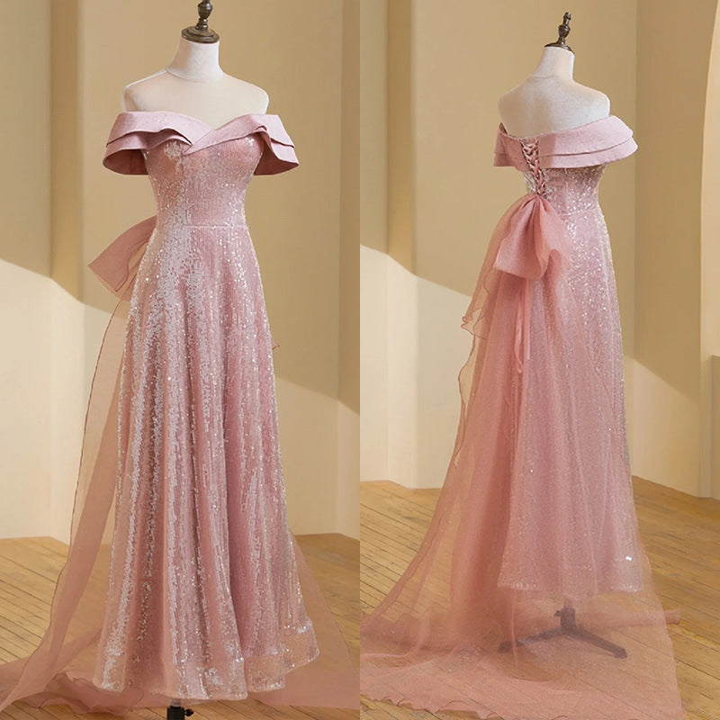 Sparkling Off Shoulder Long Prom Dress with Train - Elegant Shiny Pink Evening Gown for Homecoming, Pageant & Formal Events | Perfect for Prom Night, Wedding Guest & Special Occasions