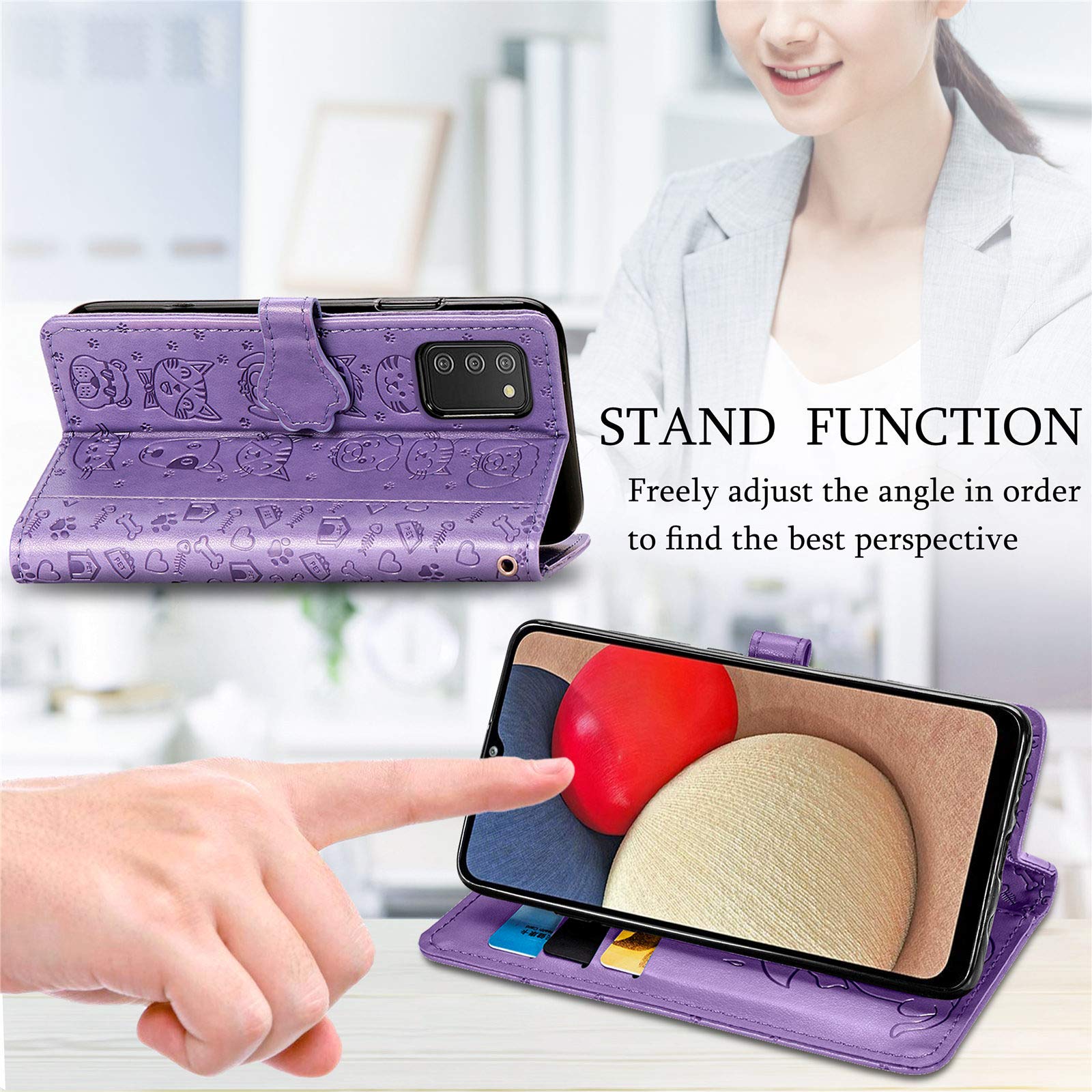 Cute Cat & Dog Cartoon PU Leather Wallet Case for Samsung Galaxy A03S - Flip Phone Cover with Card Holder (MG Purple) | Perfect for Daily Use, Travel & Hands-Free Convenience