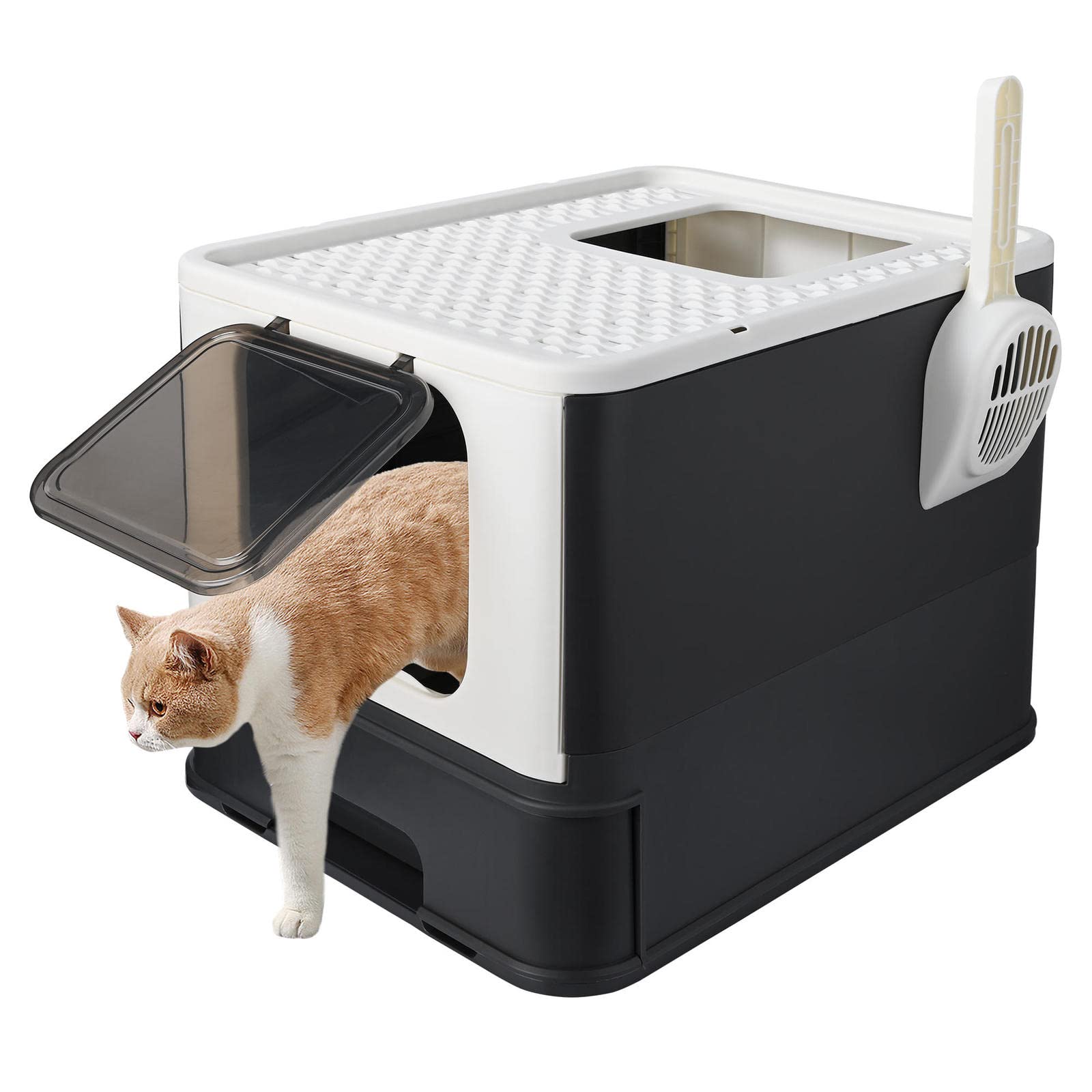 Foldable Cat Litter Box with Lid & Scoop - Extra Large Top Entry Enclosed Kitty Litter Box for Indoor Cats - Black - Perfect for Small Spaces & Multi-Cat Homes - LIVINGbasics