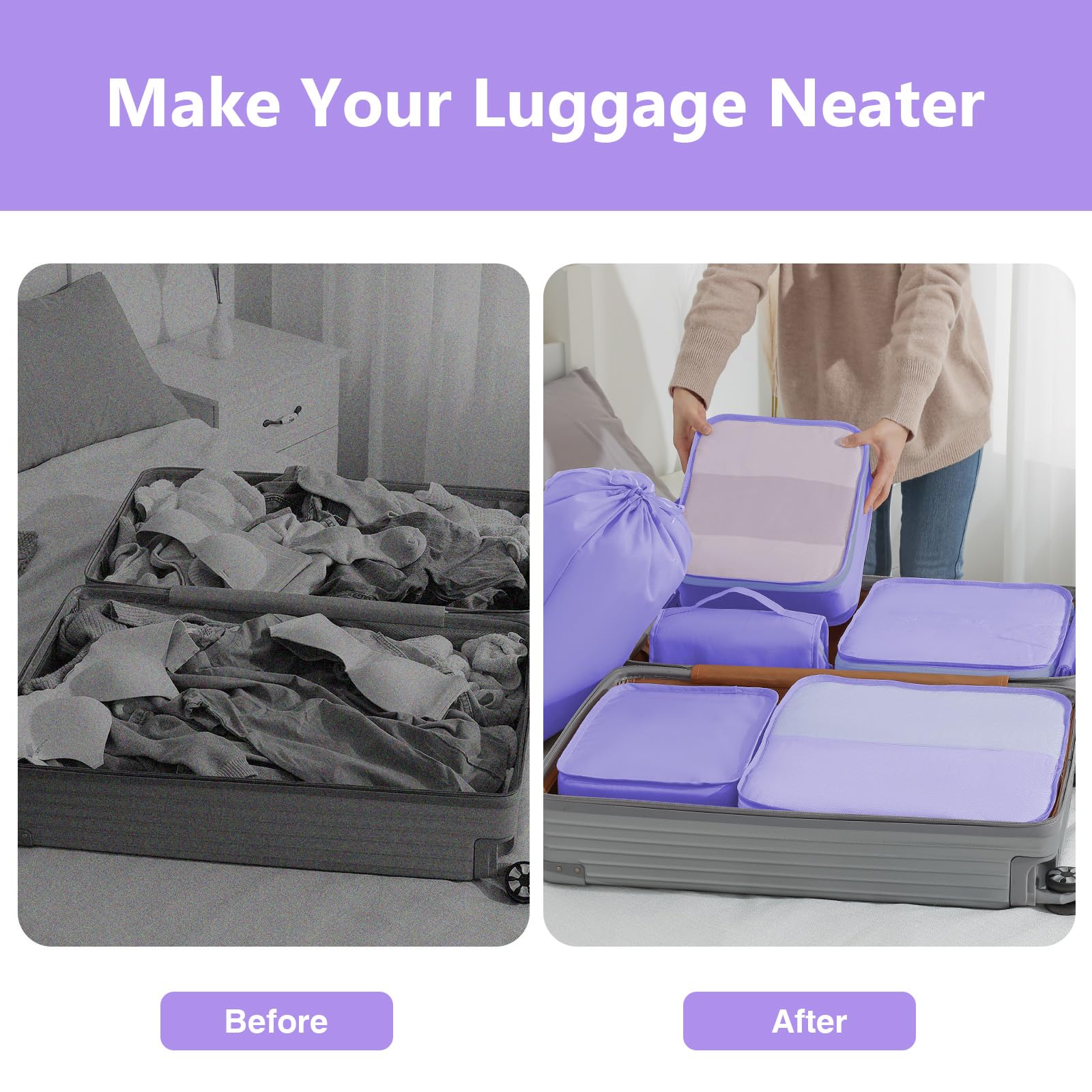**9-Piece Travel Packing Cubes Set - Large Suitcase Organizer with Laundry Bag, Shoe Bag & Toiletry Bag (Purple) - Perfect for Business Trips, Vacations & Backpacking**