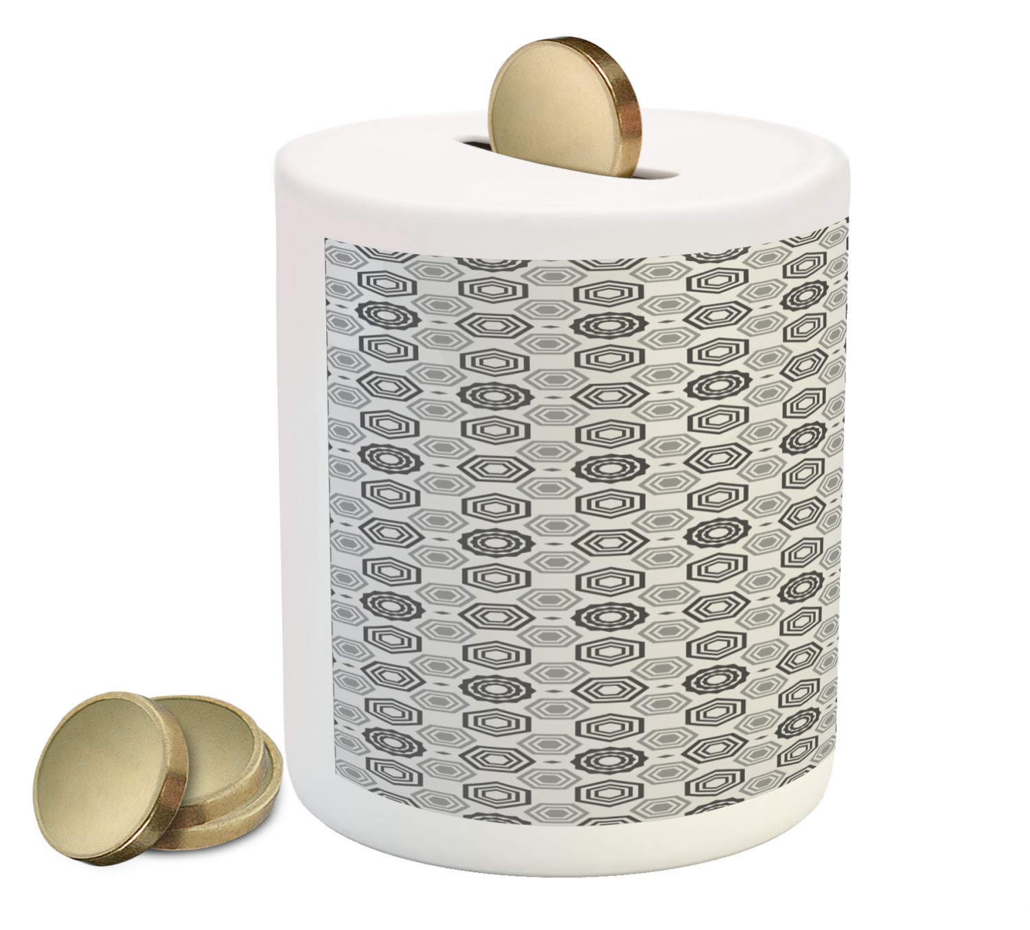 Ambesonne Geometric Piggy Bank - Blue Grey Hexagon Abstract Ceramic Coin Bank for Cash Saving | Modern Money Box for Home, Office & Gifts (Grey Pale Grey)