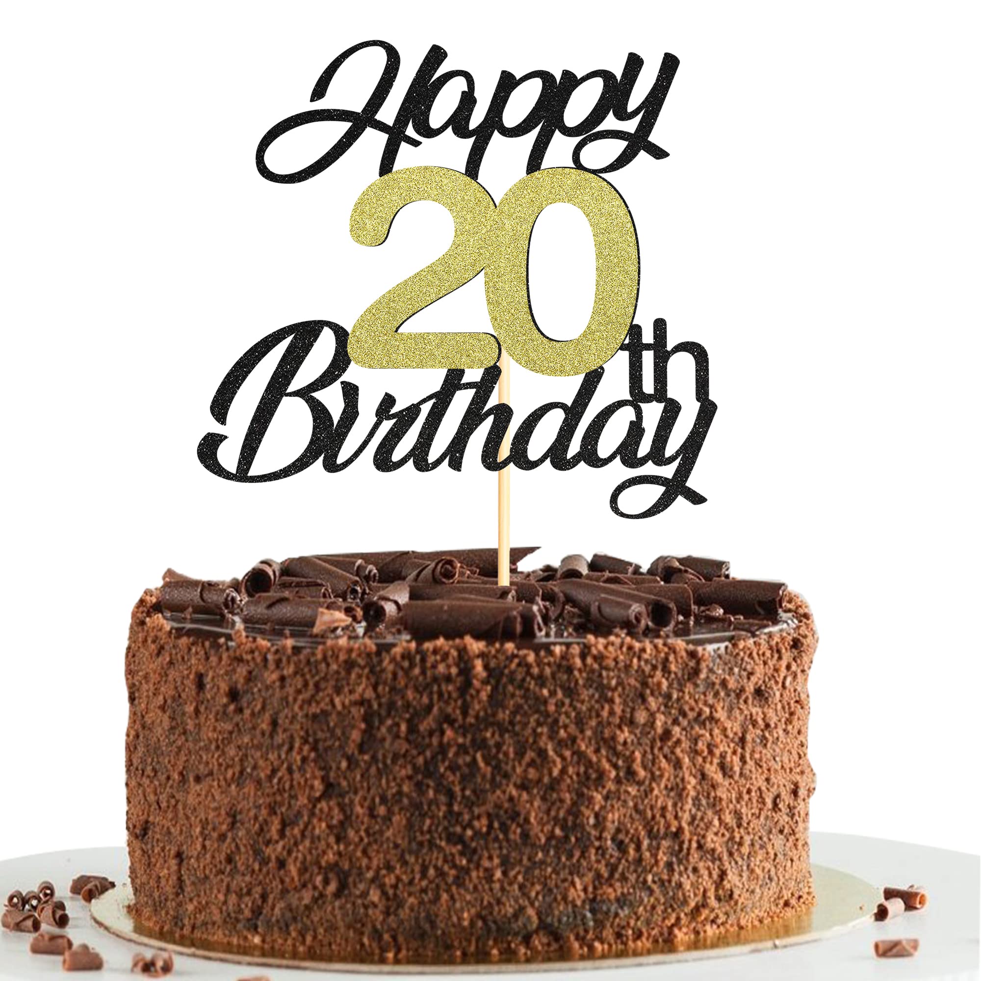 Happy 20th Birthday Cake Toppers - Black & Gold Glitter 20th Birthday Decorations for Women, Men - Elegant 20 Cake Topper for Birthday Parties, Anniversaries & Celebrations - Perfect for Milestone Birthdays, Graduations & Special Occasions