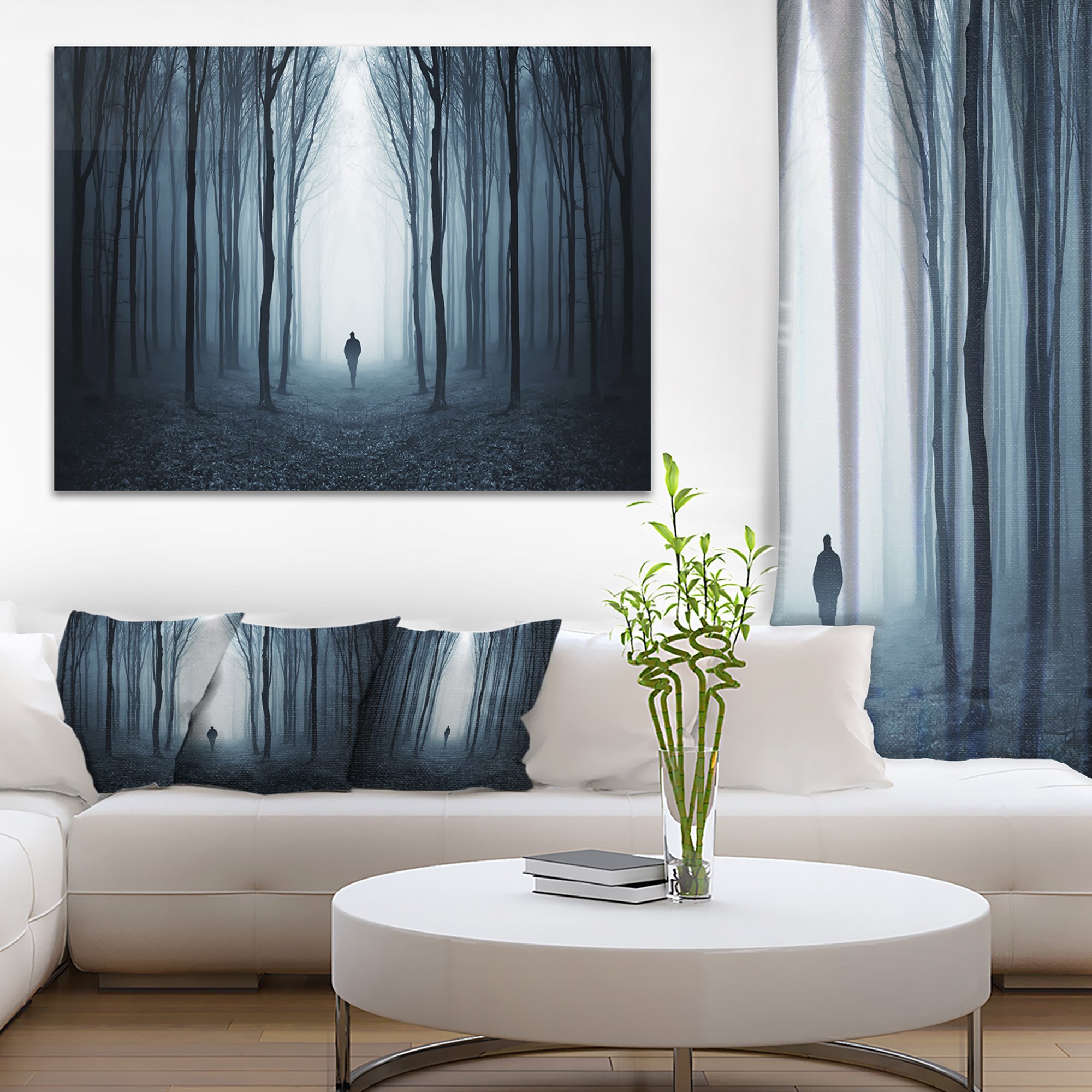 Man Walking in Misty Forest Landscape Photography Canvas Print - Blue Wall Art for Living Room, Bedroom & Office Decor