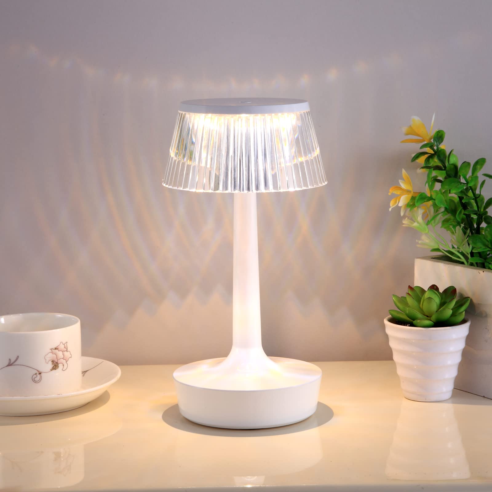 Leroxo Crystal Diamond Table Lamp - 3 Color Touch Control Rechargeable LED Night Light, Acrylic Crystal Bedside Lamp for Bedroom, Living Room, Kitchen & Dining Room Decor (White) | Perfect for Reading, Relaxation & Romantic Ambiance Lighting