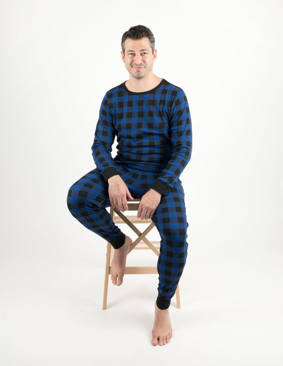 Men's Black & Navy Plaid Cotton Pajama Set - Soft & Breathable Sleepwear for Lounge & Nighttime Comfort - Perfect for Relaxing at Home, Gift Giving & Holiday Coziness