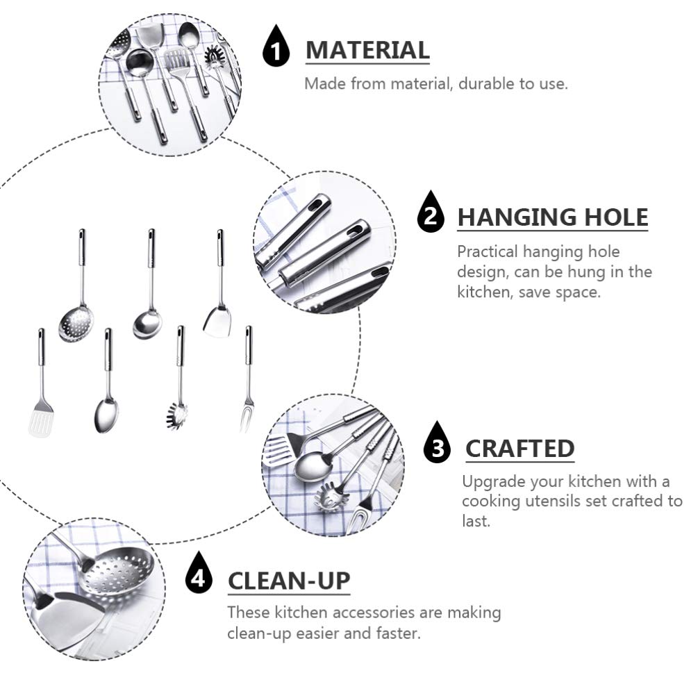 7-Piece Stainless Steel Kitchen Utensil Set - Meat Fork, Colander, Soup Ladle & Cooking Tools for Baking, Grilling & Food Prep | Durable Cookware Gadgets for Home Chefs
