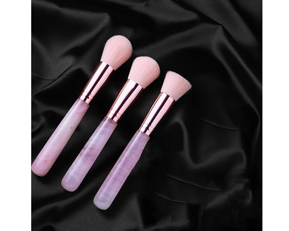 3-Piece Makeup Brush Set with Rose Quartz Handle - Foundation, Powder & Blush Brushes for Flawless Application | Natural Healing Crystal Cosmetic Brushes | Perfect for Travel & Daily Makeup Routine