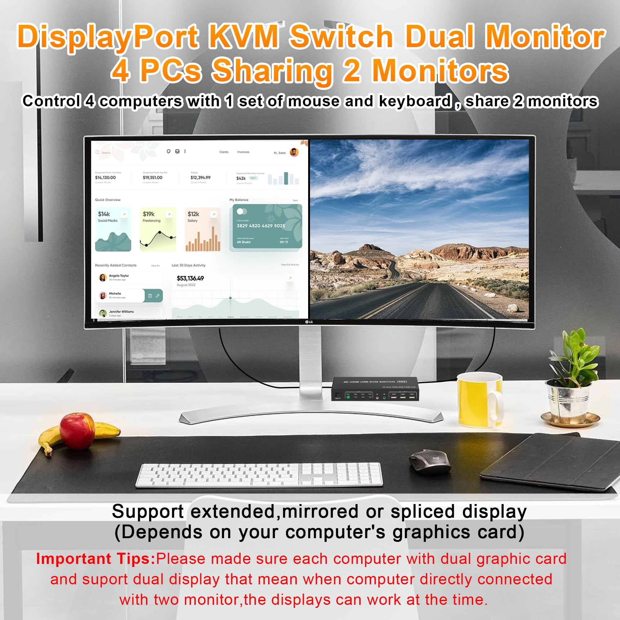 4 Port KVM Switch Dual Monitor DisplayPort 4K 60Hz - Control 4 Computers with 2 Monitors, 3 USB 2.0 Ports & Audio/Mic Support - Ideal for Home Office, Gaming & Multi-PC Workstations