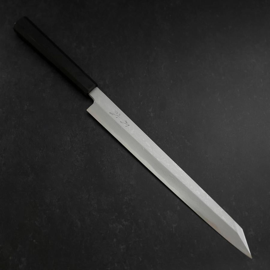 Premium Yanagi Kiritsuke Knife - Blue Steel #1 Suminagashi Blade with Buffalo Ebony Handle & Sheath - 300mm Japanese Chef Knife for Sushi, Sashimi & Precision Cutting