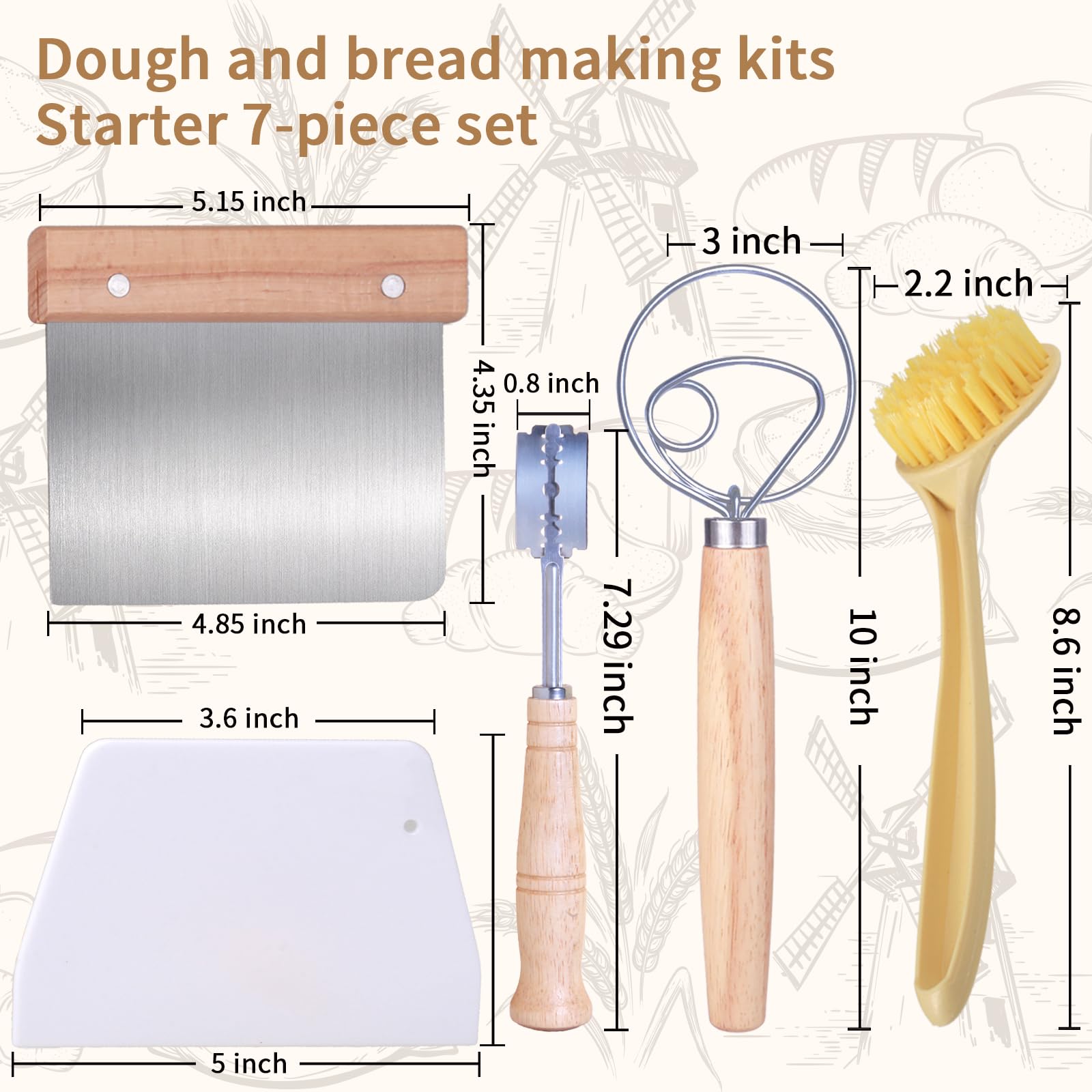 7-Piece Bread Making Kit - Silicone Pastry Mat, Round Baking Mat, Sourdough Danish Dough Whisk, Bread Lame Dough Scorer, Bread Scraper Dough Cutter - Perfect Baking Gift Set for Home Bakers & Bread Enthusiasts - Ideal for Artisan Bread, Pastry Making & Sourdough Baking