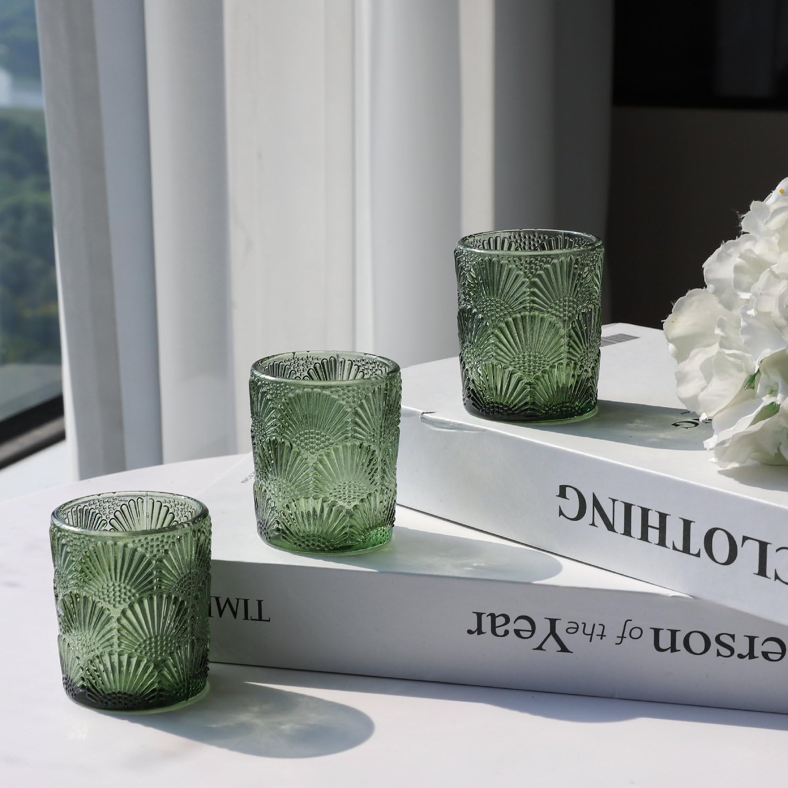 Woho Set of 12 Green Glass Votive Candle Holders - Tealight Candle Holders for Wedding Centerpieces, Fall Decor, Thanksgiving & Christmas Table Decorations - Perfect for Romantic Dinners, Holiday Parties & Home Ambiance