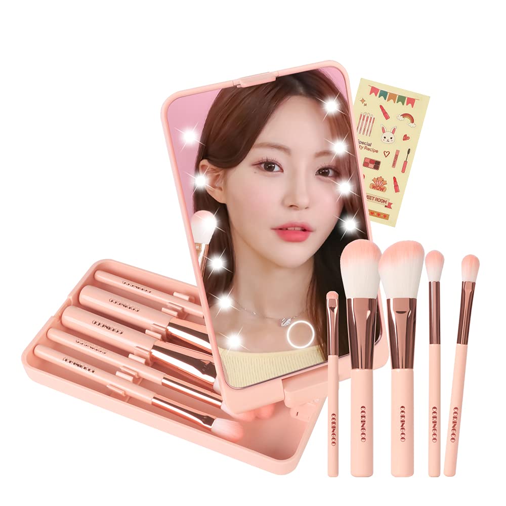 Mini Makeup Brushes Travel Set - Portable Capsule Brushes with LED Mirror, Multifunctional Eyebrow Brush, Eyeshadow & Blush Brush for On-the-Go Makeup | Perfect for Travel, Gym & Touch-Ups